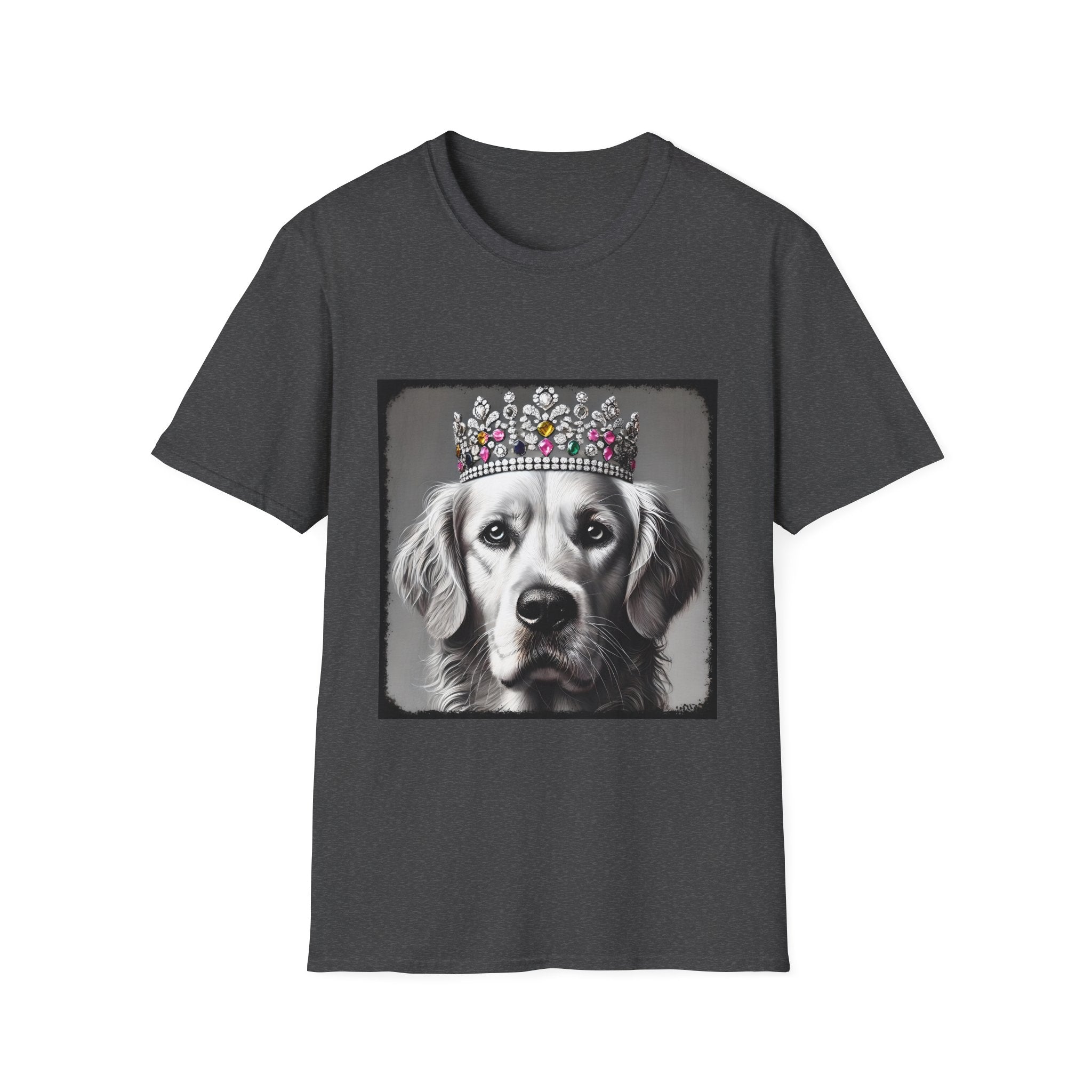 Dark heather dog t-shirt featuring a black-and-white princess Golden Retriever with jeweled crown on gray background.