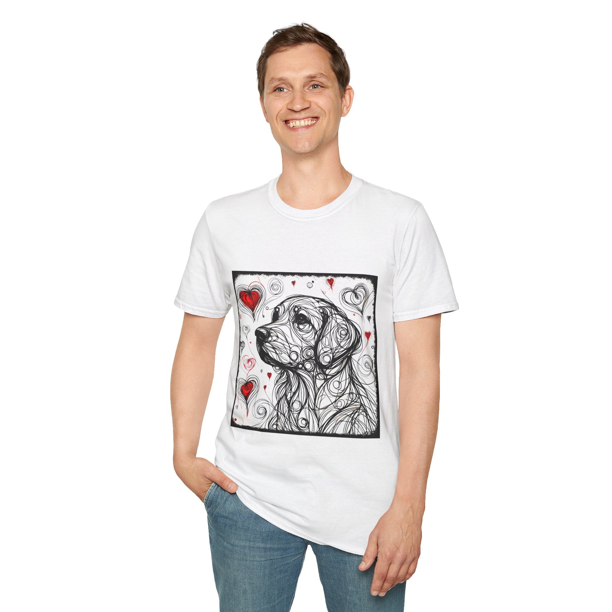 Male model in white dog t-shirt with golden retriever line art and red hearts on white background with swirling abstract pattern.
