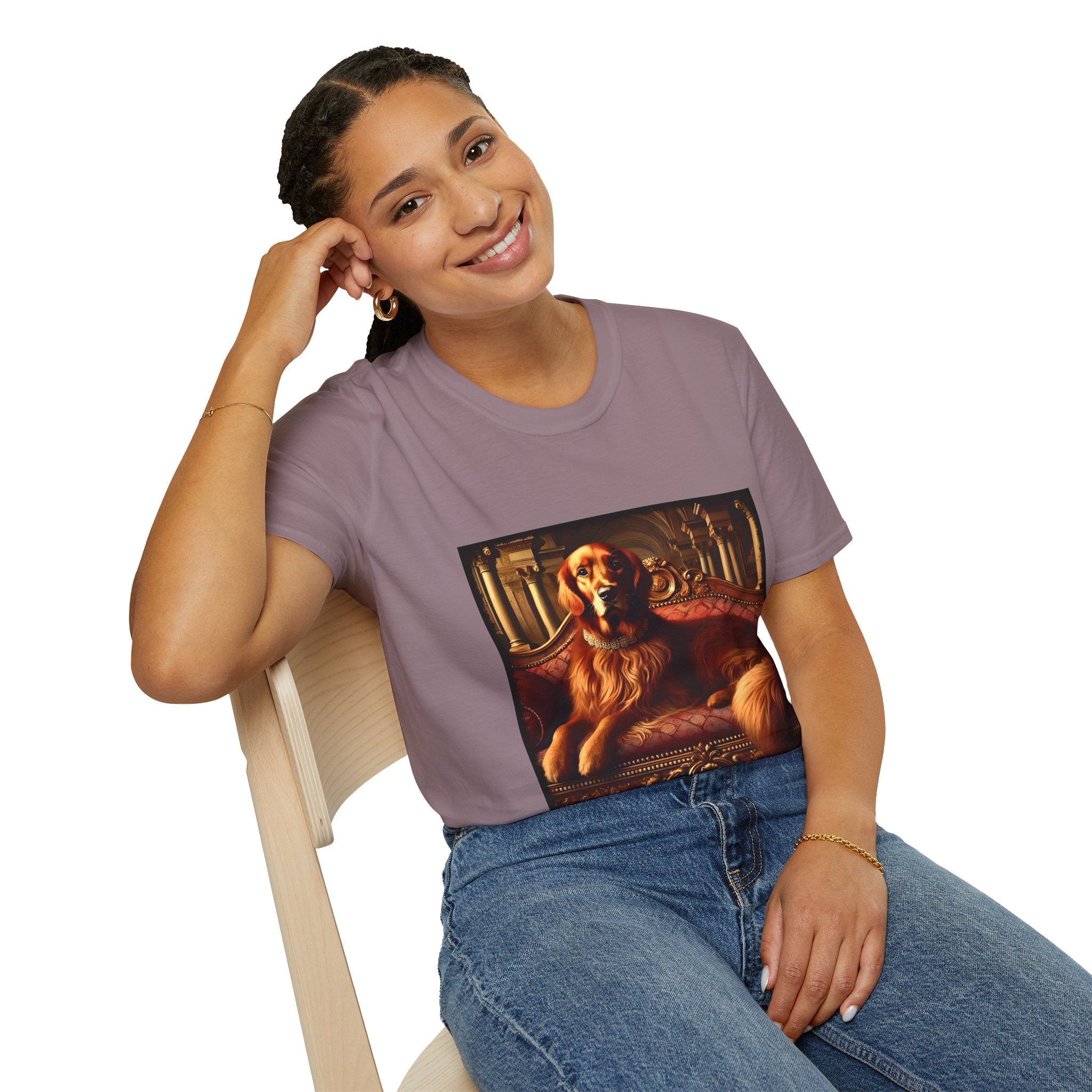 Female sitting in mauve dog t-shirt with golden retriever on red settee, pearl collar, and regal columned backdrop.