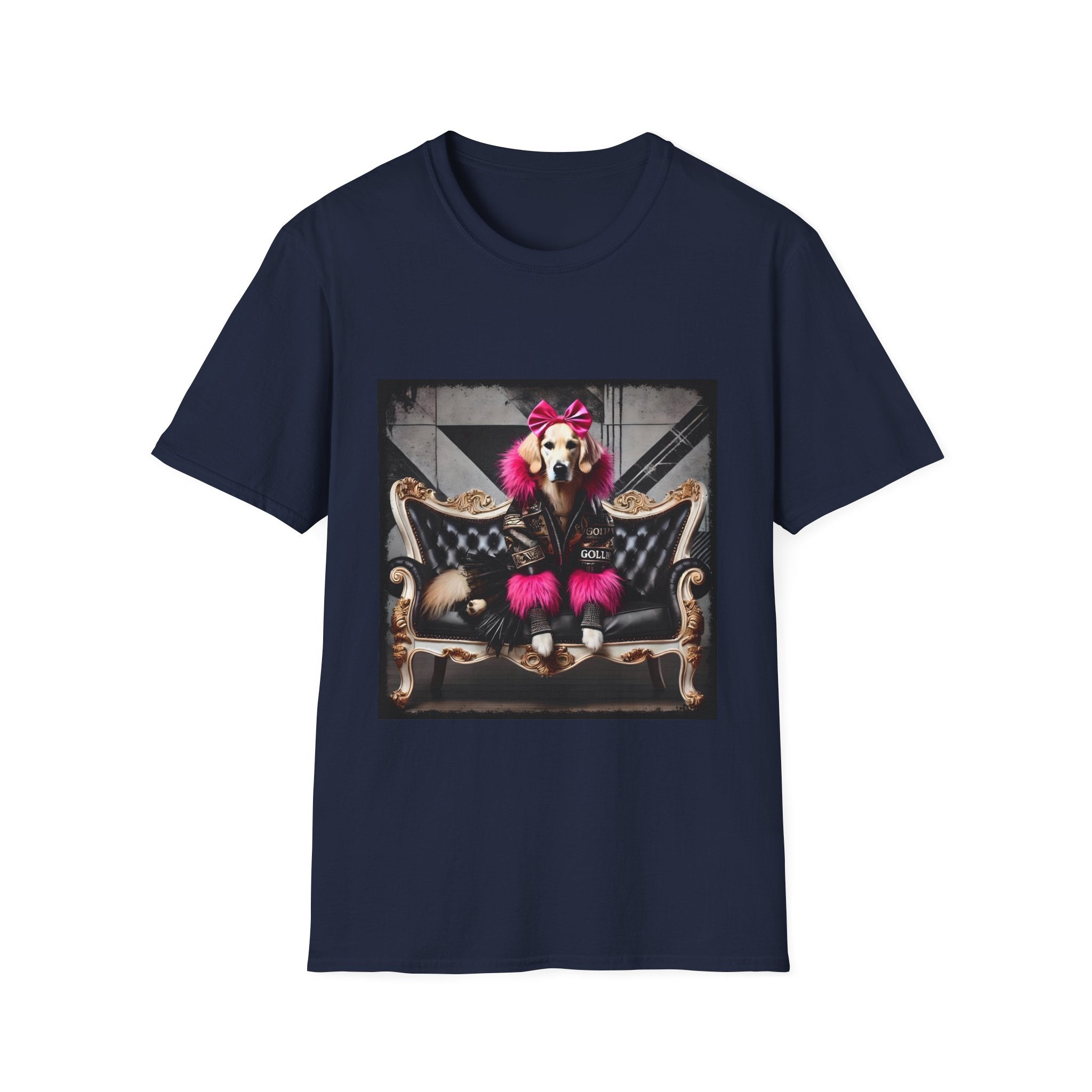 Navy dog t-shirt featuring golden retriever with pink bow and fur outfit on black settee in edgy backdrop.