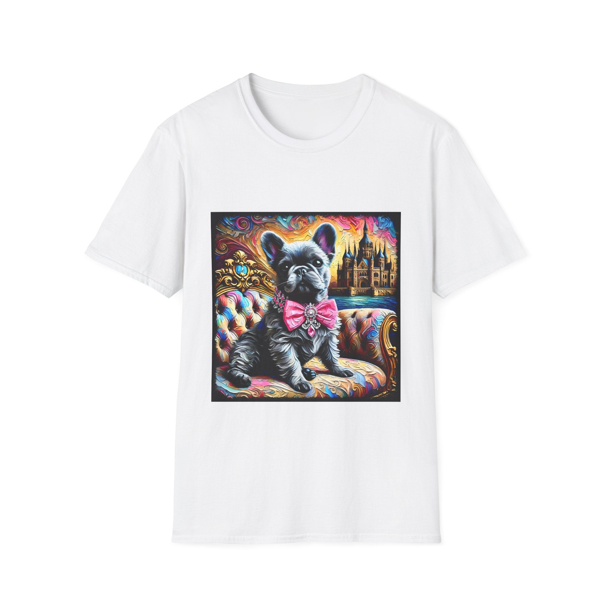 White dog t-shirt featuring a black French Bulldog in pink bow on ornate settee, with vivid castle and swirl background.