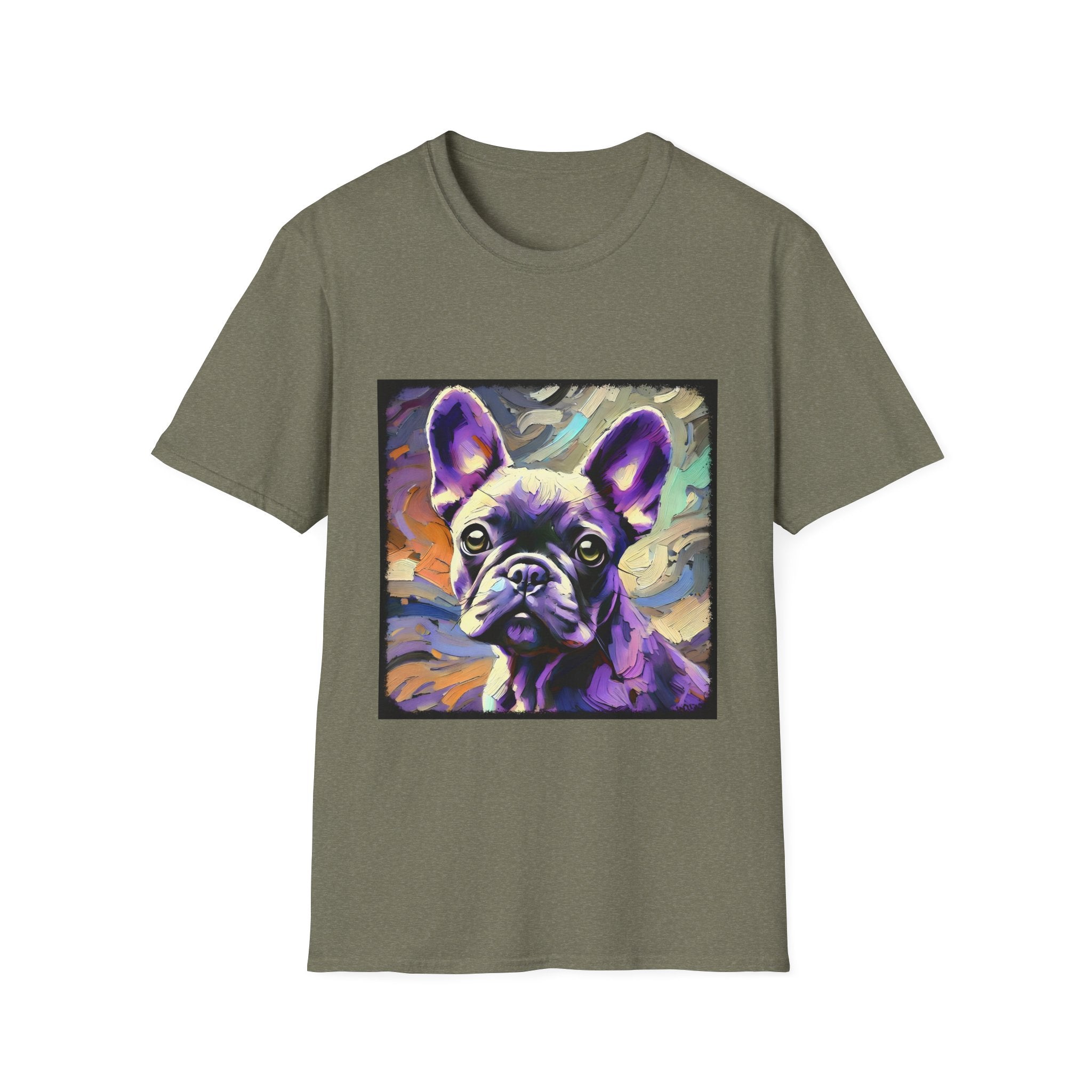 Heather military green dog t-shirt featuring a lavender purple French Bulldog with swirling brushstrokes of teal, orange, and cream.