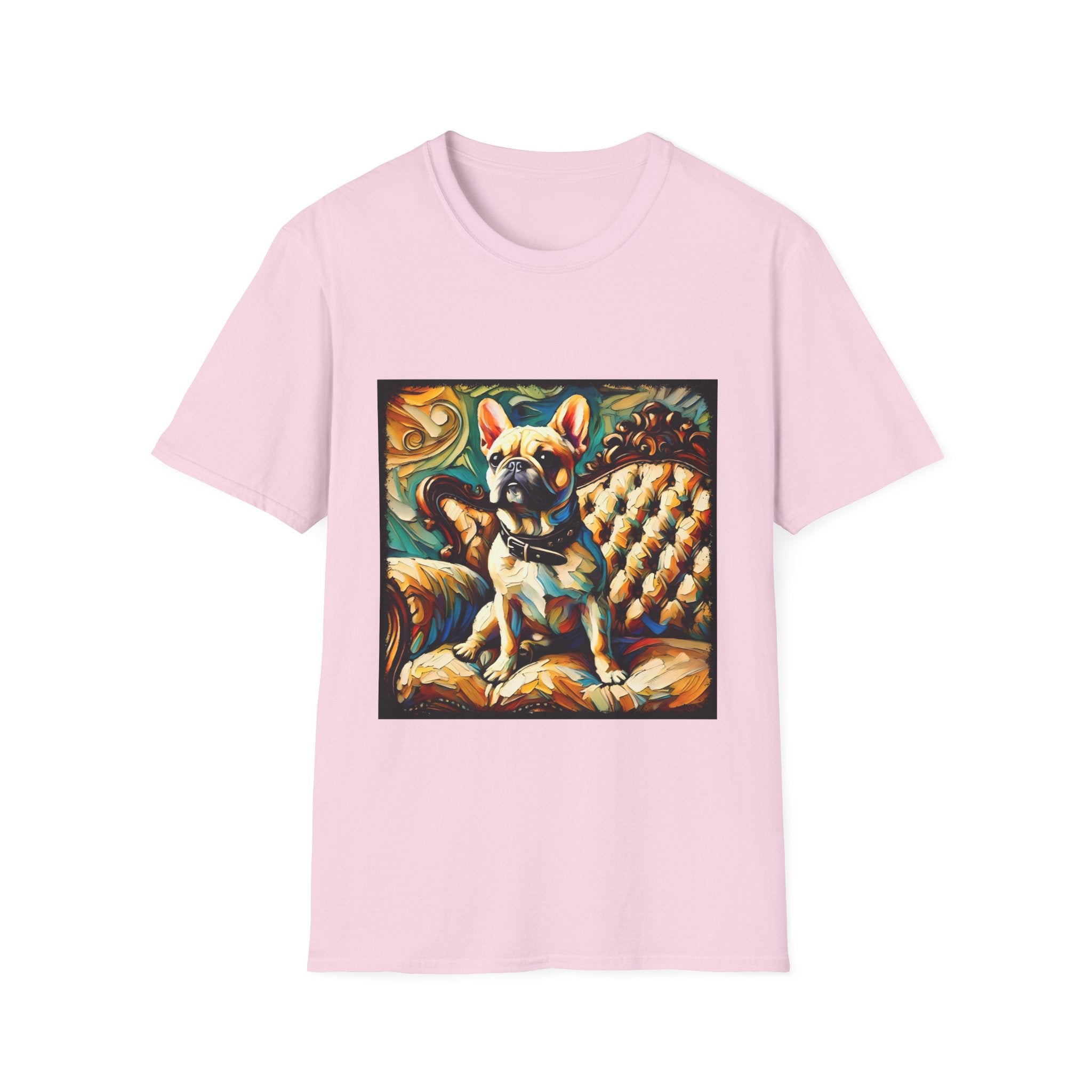 Light pink dog t-shirt featuring fawn French Bulldog with collar on golden tufted settee and bold swirl backdrop.