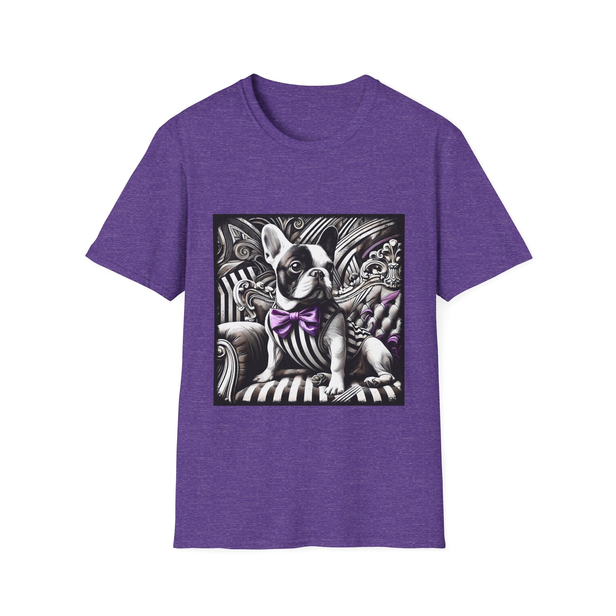 Heather purple dog t-shirt with French Bulldog in striped suit, purple bowtie, and ornate black swirl backdrop.