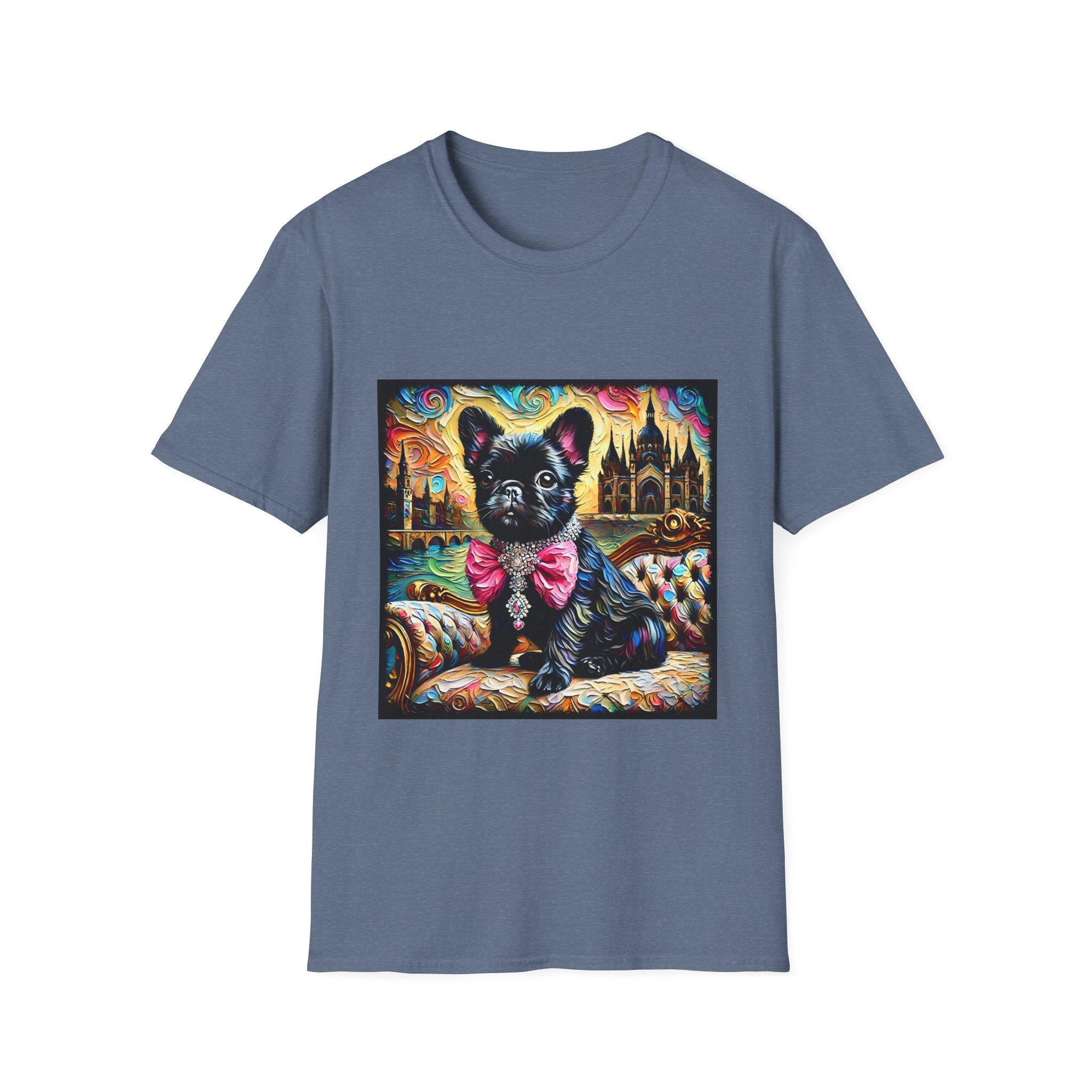 Indigo dog t-shirt featuring black French Bulldog with jeweled pink bow, sitting on patterned settee, vivid castle swirl background.