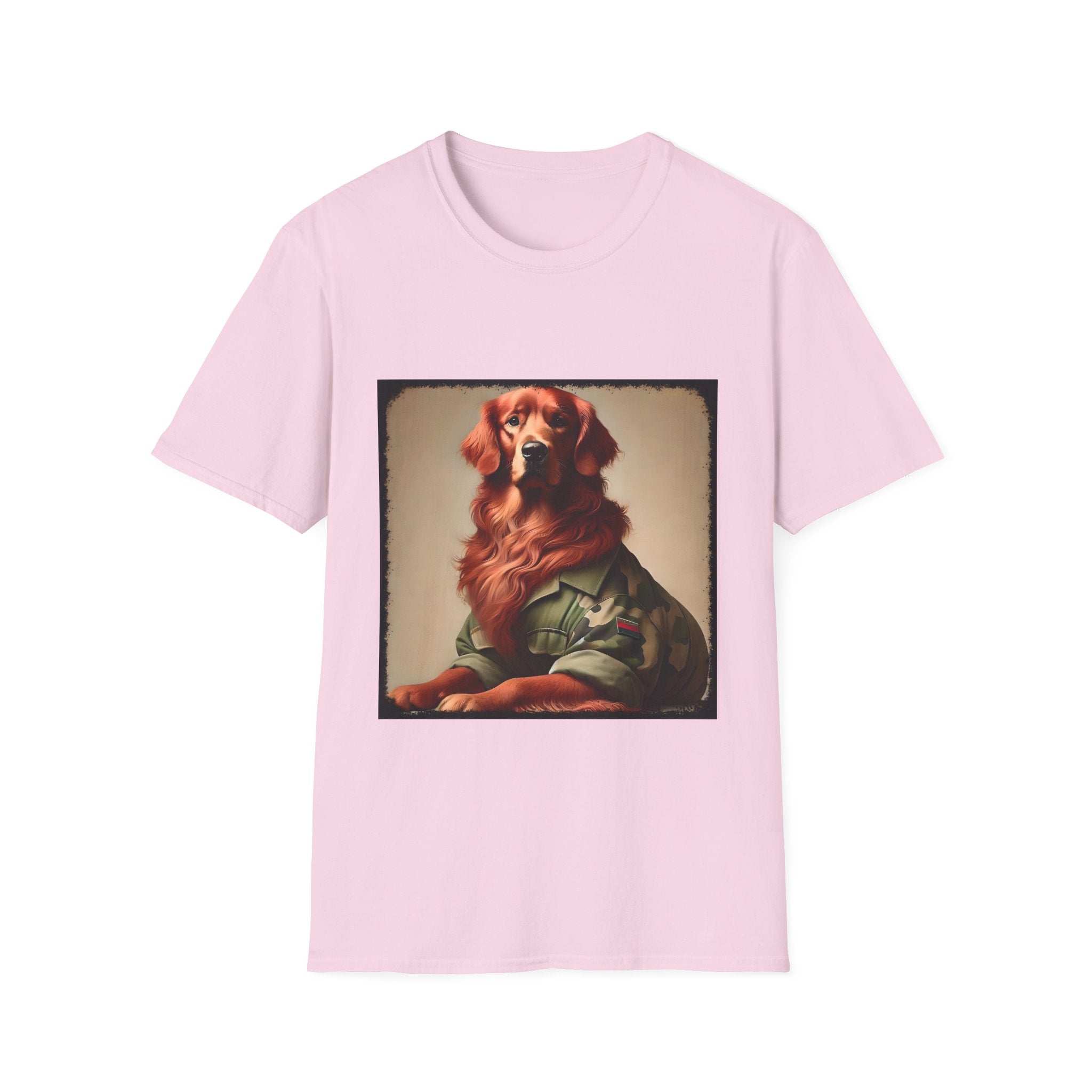 Light pink dog t-shirt featuring golden retriever in camouflage jacket with flag patch, tan background.