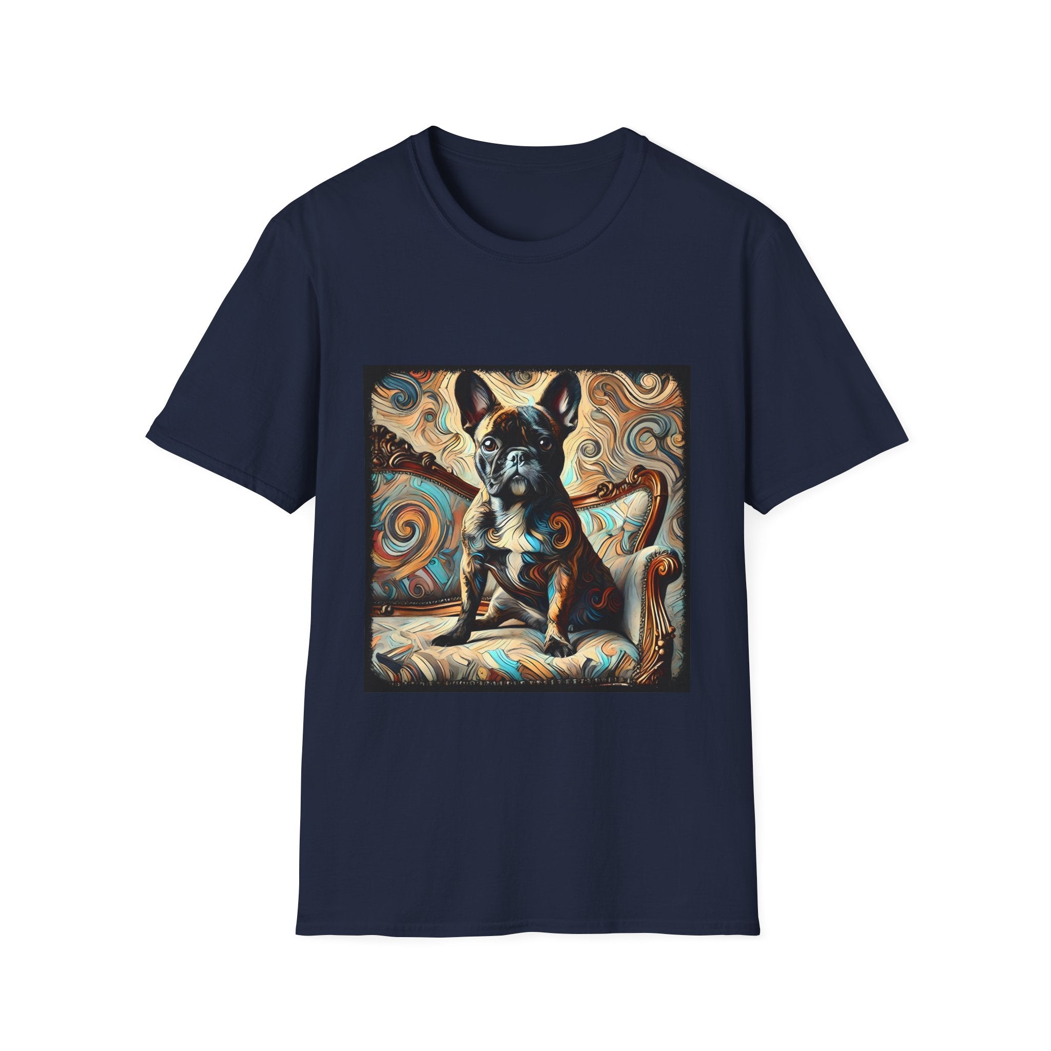 Navy blue dog t-shirt featuring black and tan French Bulldog on ornate settee with swirl pattern background.