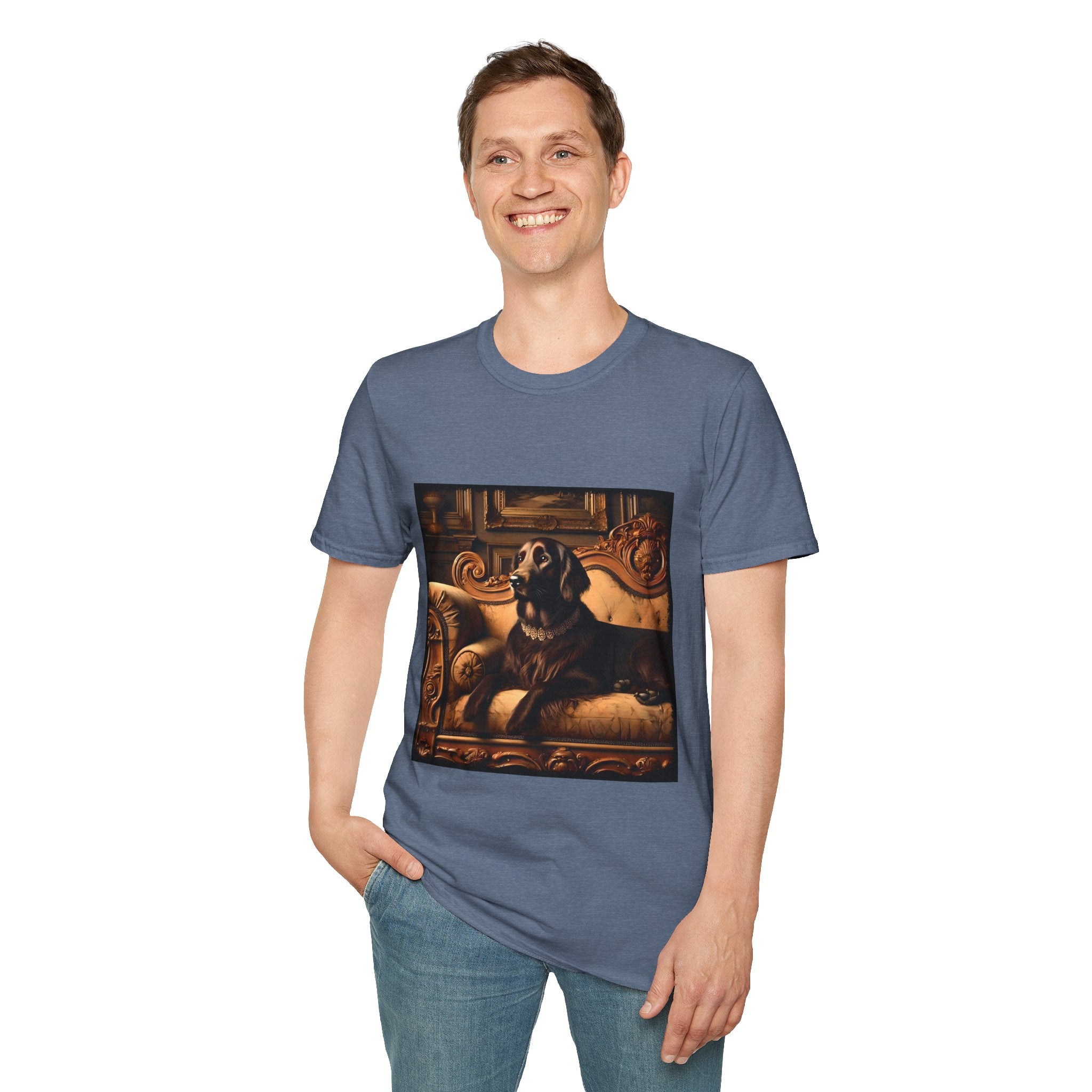 Man standing in heather indigo dog t-shirt featuring chocolate golden retriever on gold settee, jeweled collar in regal backdrop.