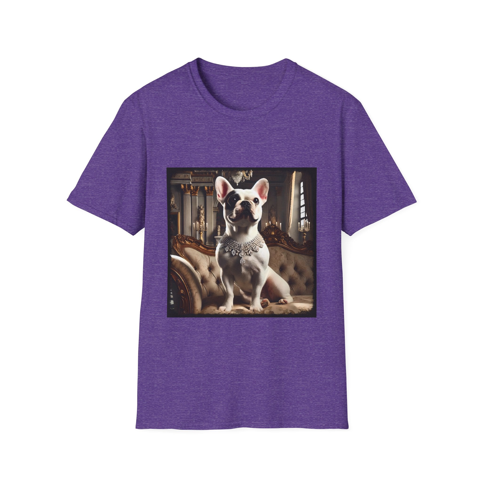Heather purple dog t-shirt featuring white French Bulldog wearing jeweled necklace, seated on tufted settee in elegant palace setting.