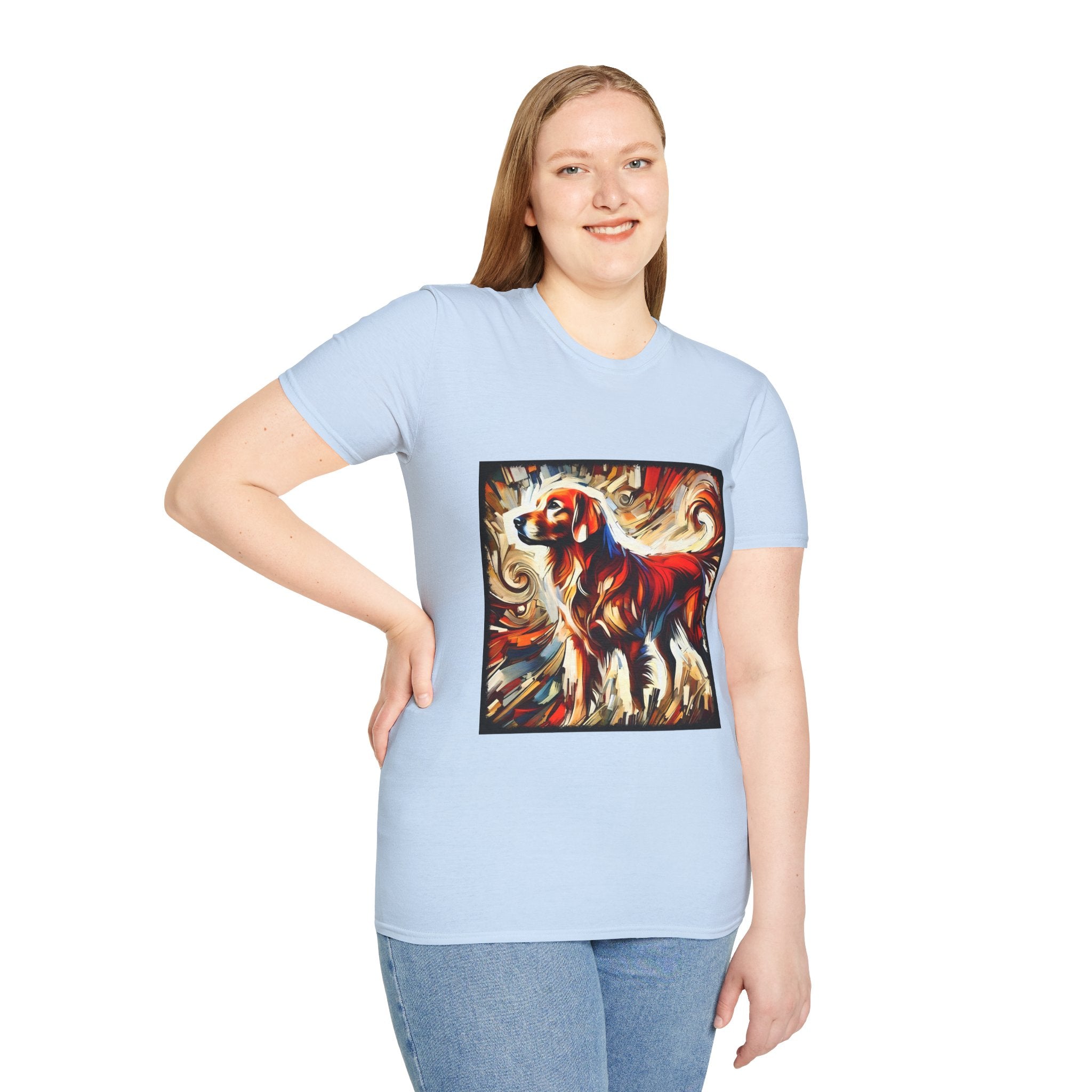 Female model in light blue dog t-shirt with golden retriever in red coat, abstract swirl background in bold warm tones.
