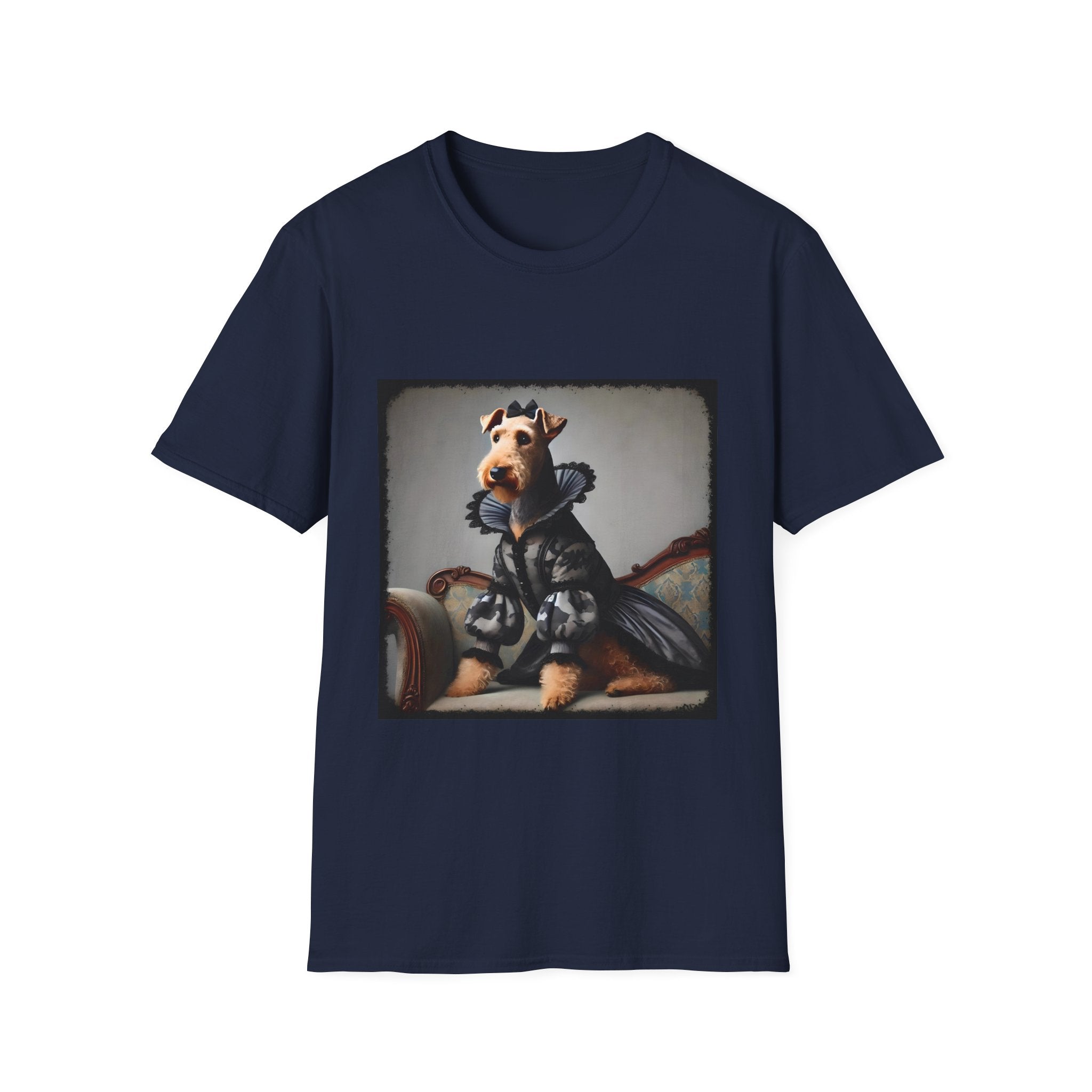 Navy dog t-shirt featuring Airedale terrier in camouflage Renaissance gown seated on settee.
