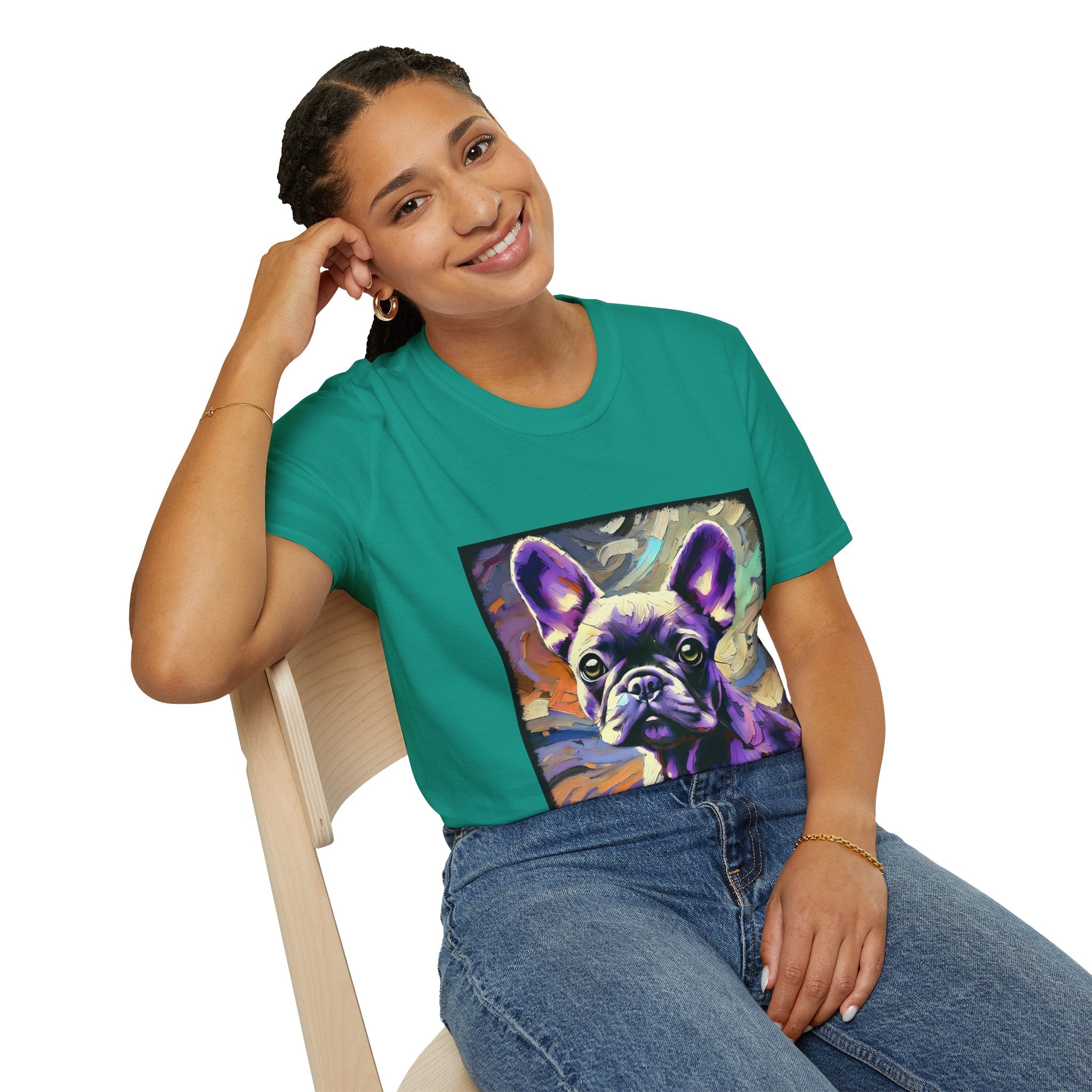 Woman sitting in jade dome dog t-shirt featuring a lavender purple French Bulldog with swirling brushstrokes of teal, orange, and cream.