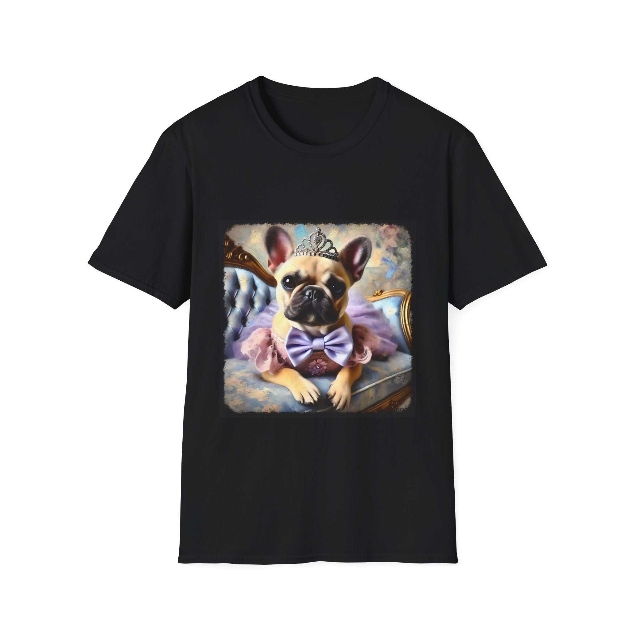 Black dog t-shirt featuring French Bulldog wearing tiara, purple tutu, and bow, seated on royal chair with pastel background.