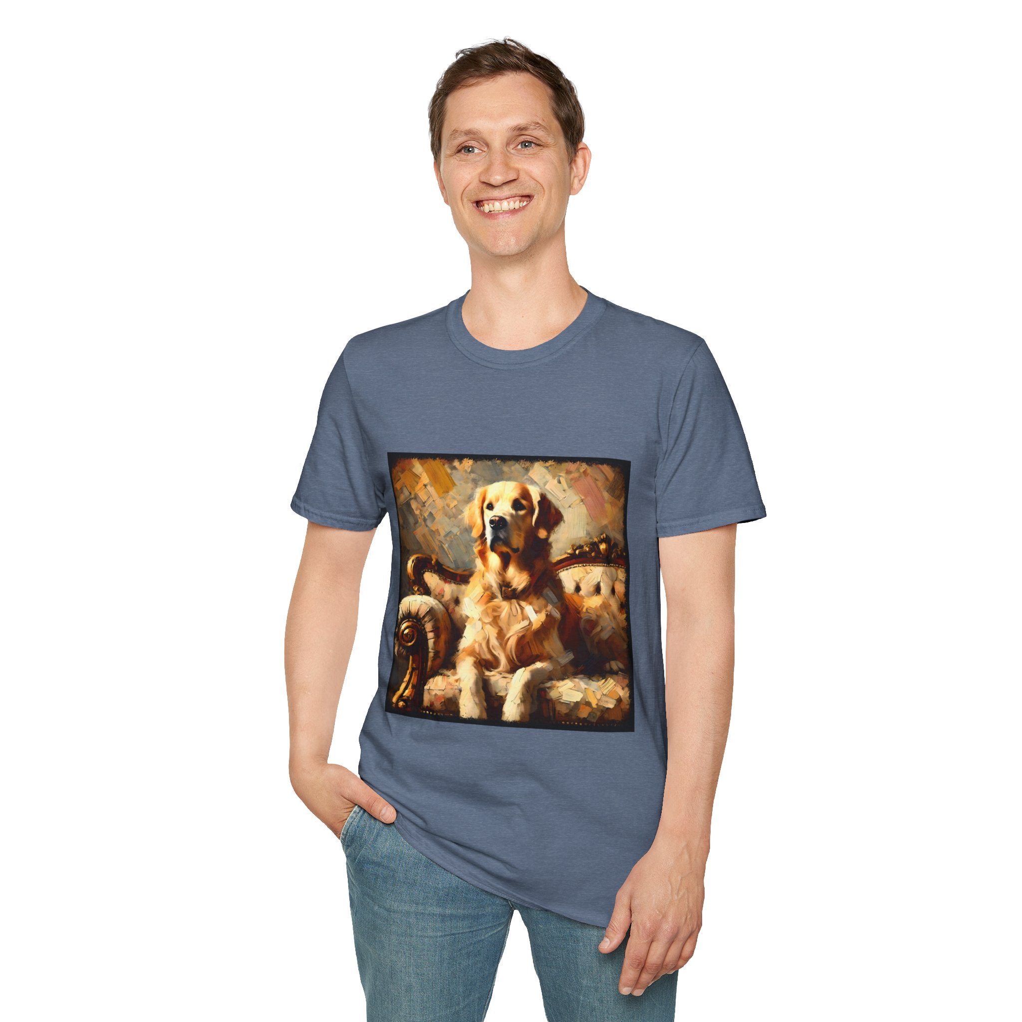 Man smiling in heather indigo dog t-shirt with golden retriever on ornate couch, painted in rich textured brushstrokes.