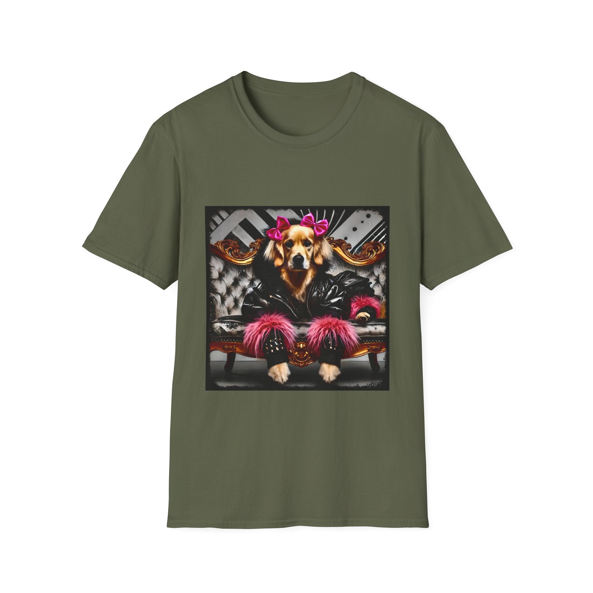 Military green dog t-shirt with golden retriever in edgy outfit, pink bows and cuffs, on silver tufted settee.