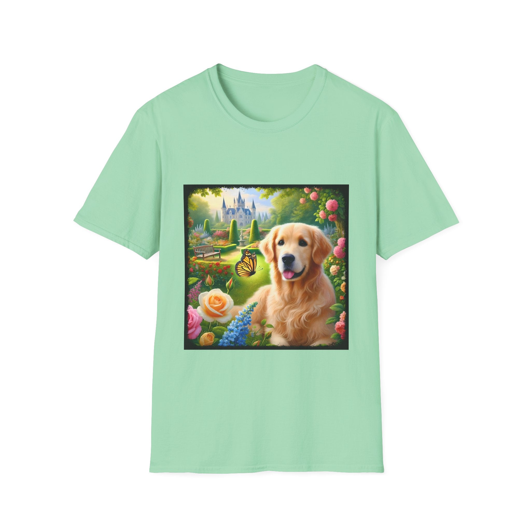Mint green dog t-shirt featuring a golden retriever in a vibrant castle garden with blooming roses and a butterfly.