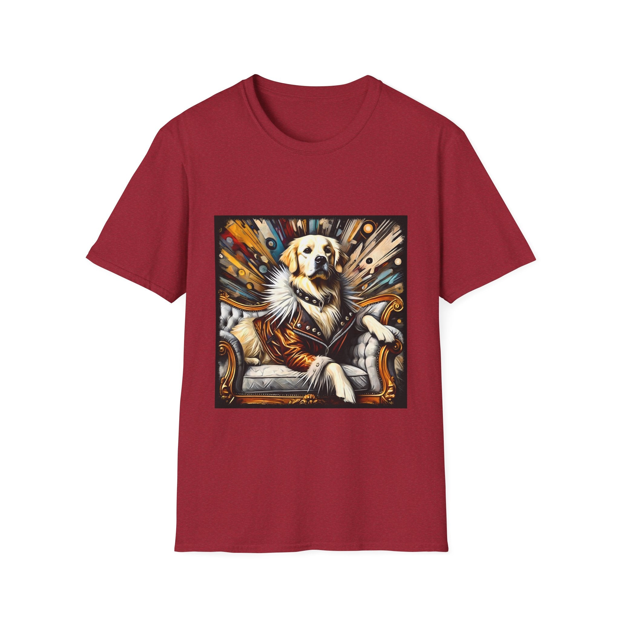 Antique cherry red dog t-shirt featuring golden retriever in fur coat on gold throne with colorful backdrop.