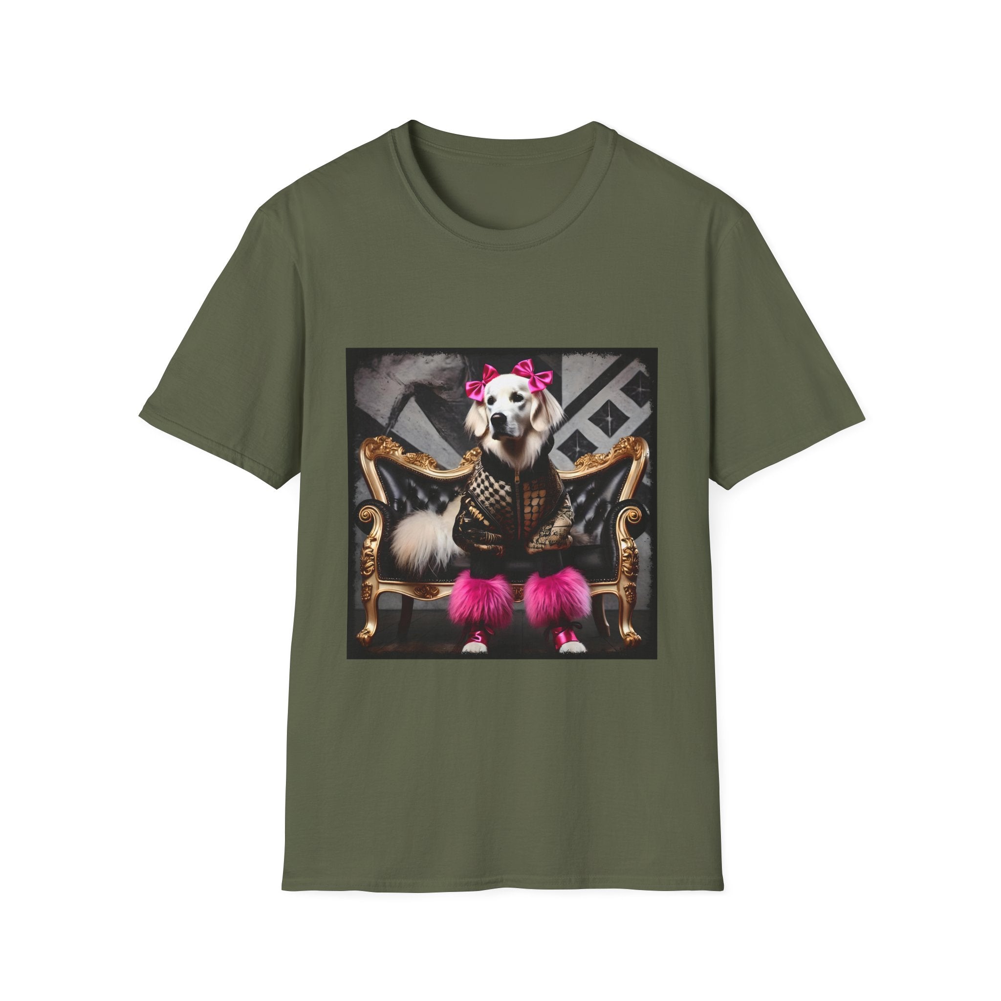 Military green dog t-shirt featuring white dog in pink bows and boots on gold settee with edgy gray backdrop.