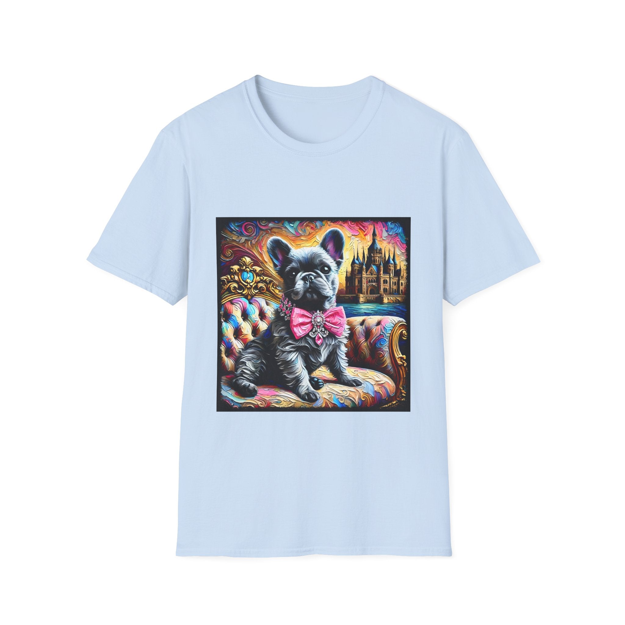 Light blue dog t-shirt featuring a black French Bulldog in pink bow on ornate settee, with vivid castle and swirl background.