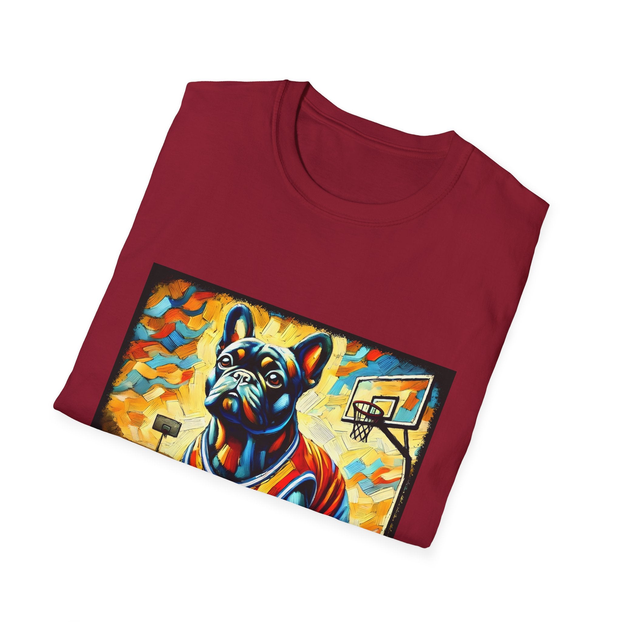 Front view of folded antique cherry red dog t-shirt featuring French Bulldog in red jersey on basketball court, expressionism style.