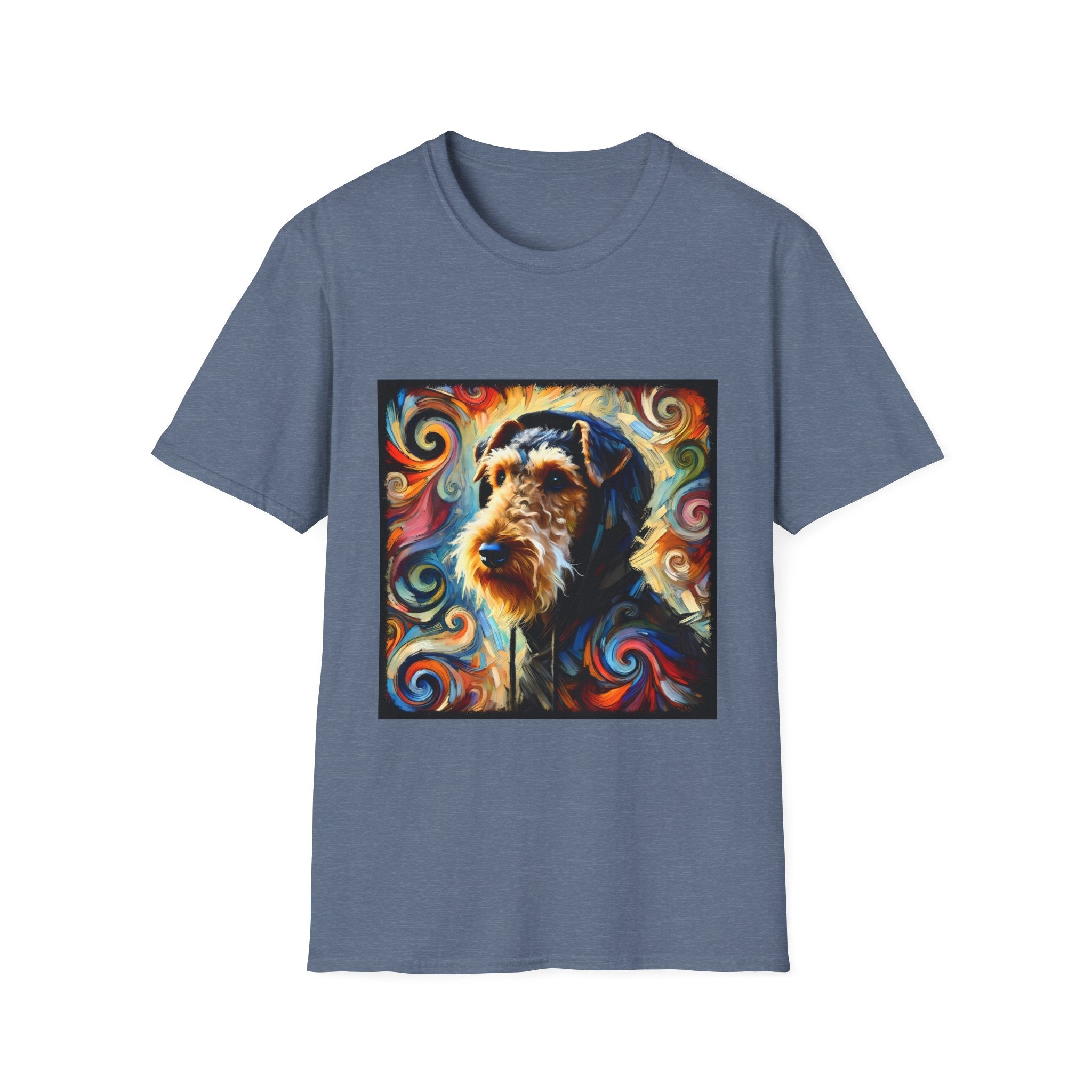 Heather indigo dog t-shirt with Airedale terrier in hoodie and vibrant multicolor swirl background.