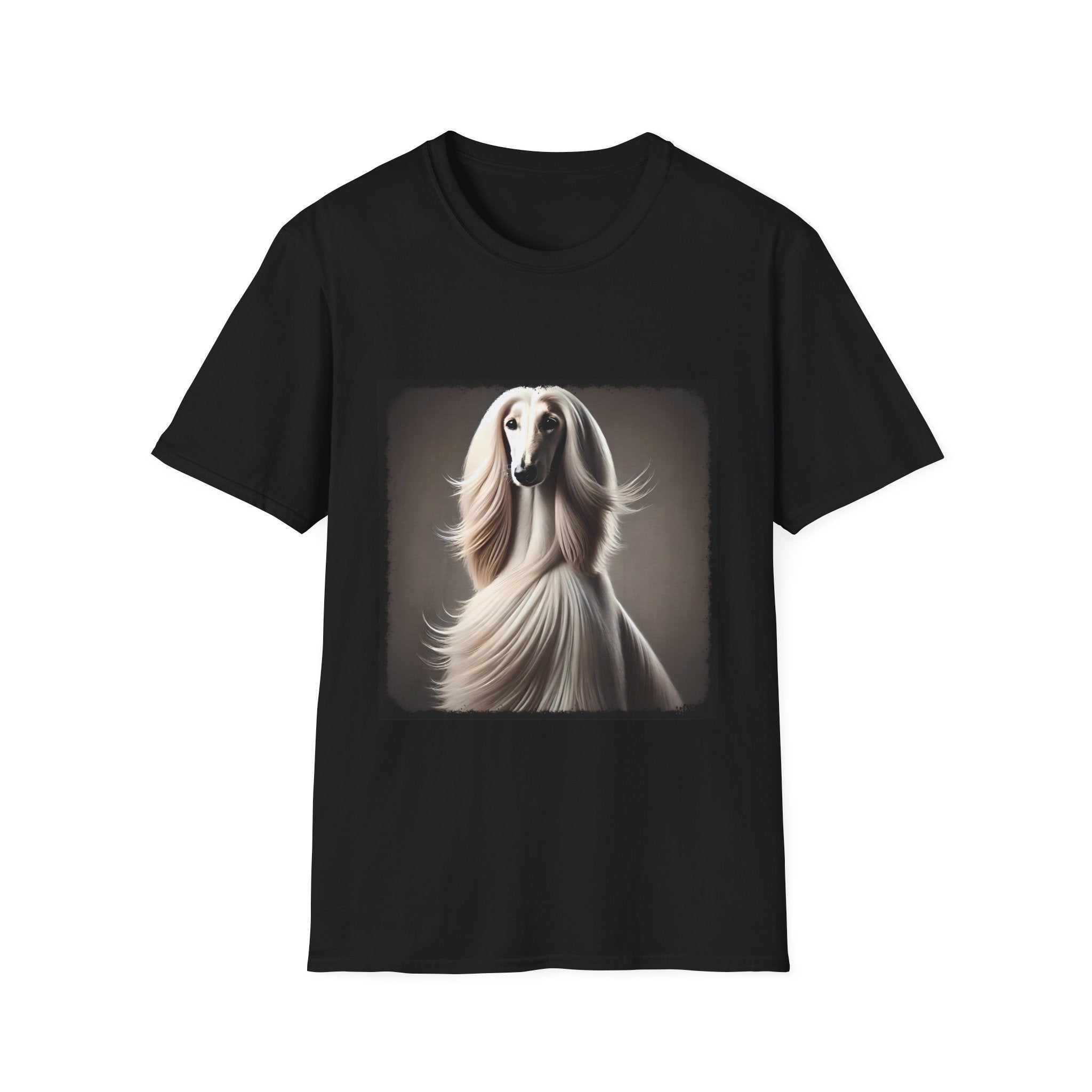 White Afghan Hound with flowing hair, featured on a stylish black  dog t-shirt against a soft background.