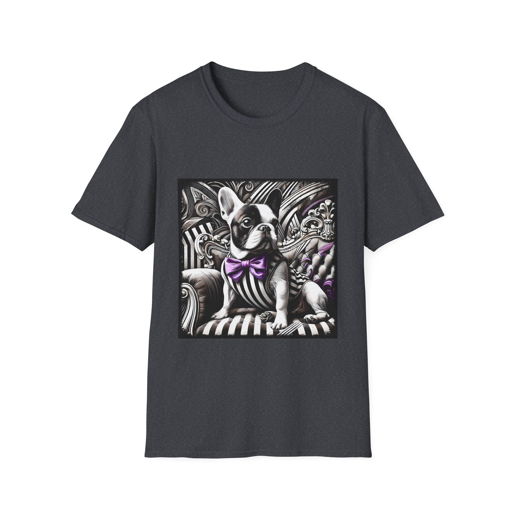 Dark heather dog t-shirt with French Bulldog in striped suit, purple bowtie, and ornate black swirl backdrop.