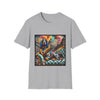 Sport gray dog t-shirt featuring coonhound on teal settee wearing ornate gold-trimmed robe with silk scarf.