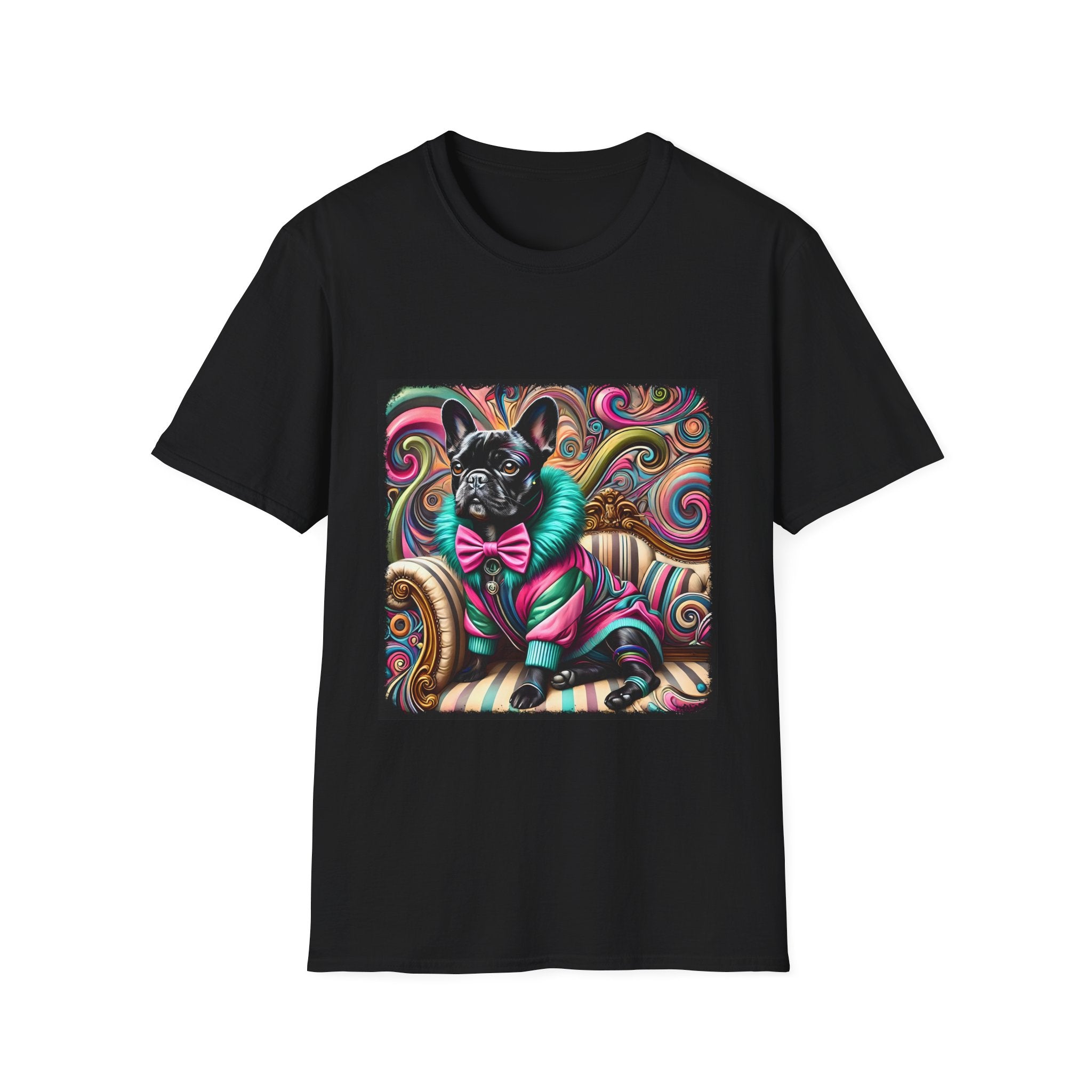 Dog t-shirt in black featuring black French Bulldog in pink and teal outfit on ornate striped settee with swirl background.