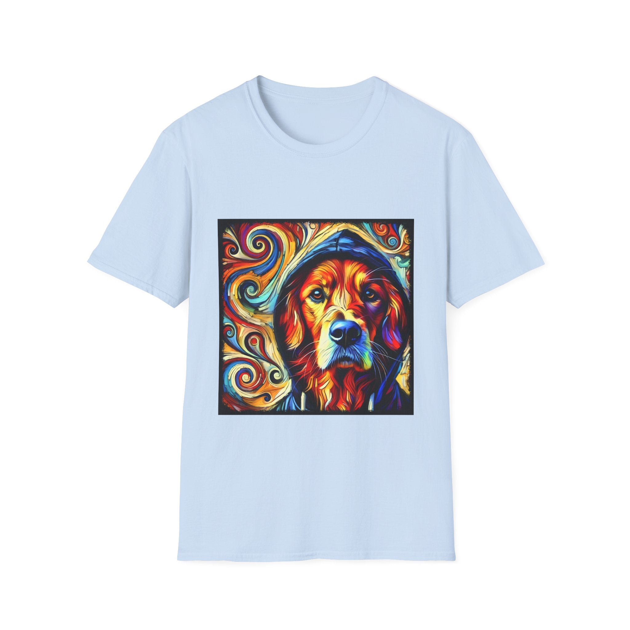 Light blue dog t-shirt with golden retriever in blue hoodie, bold swirls in red, orange, and teal behind.