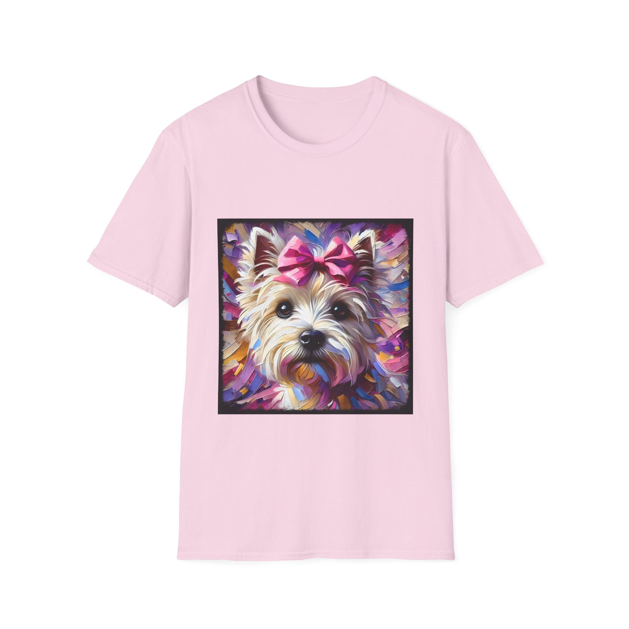 Light pink dog t-shirt with Westie face, pink bow, and bold brushstroke colors in purple, pink, and gold.