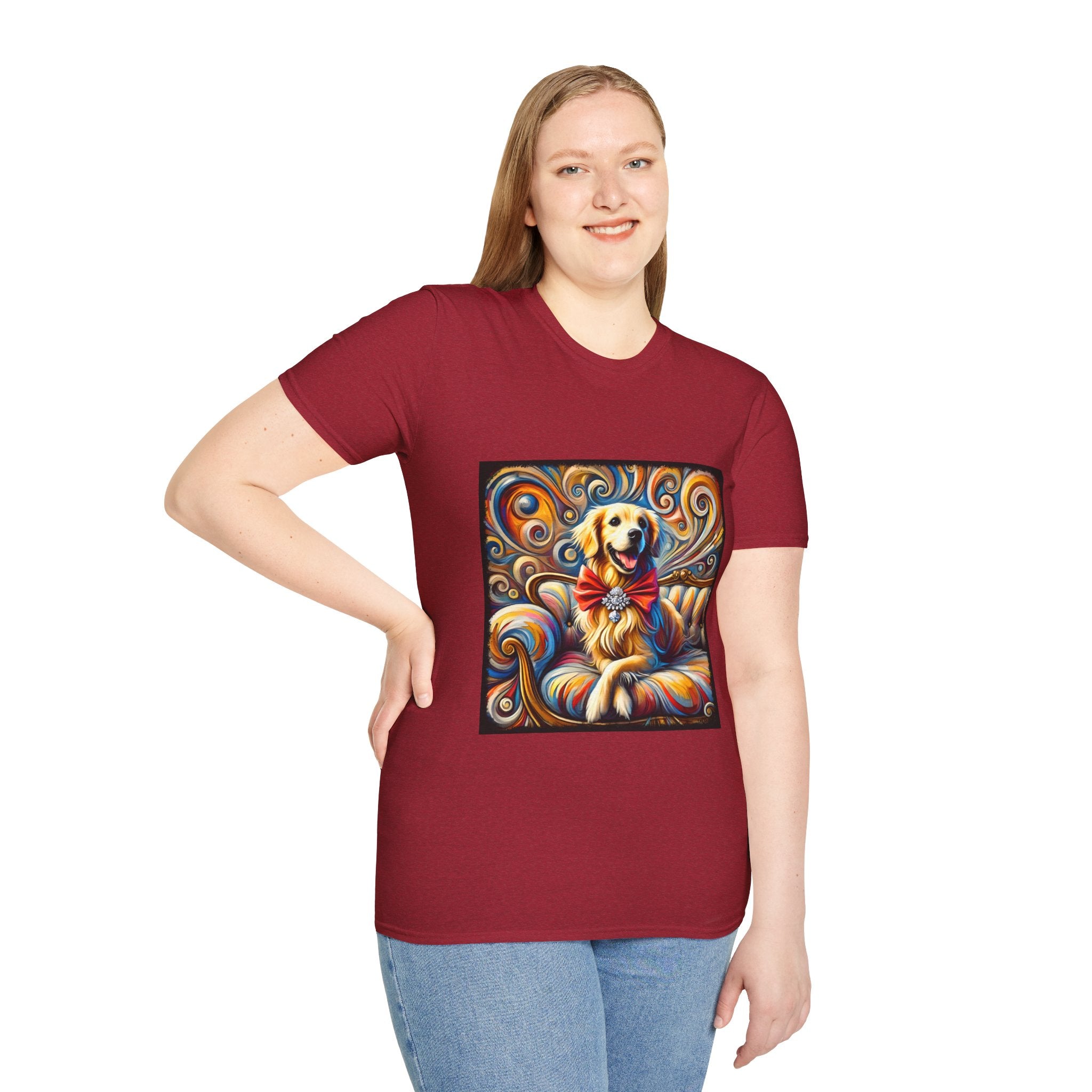 Female model in antique cherry red dog t-shirt featuring golden retriever with red bow on colorful swirl settee background.