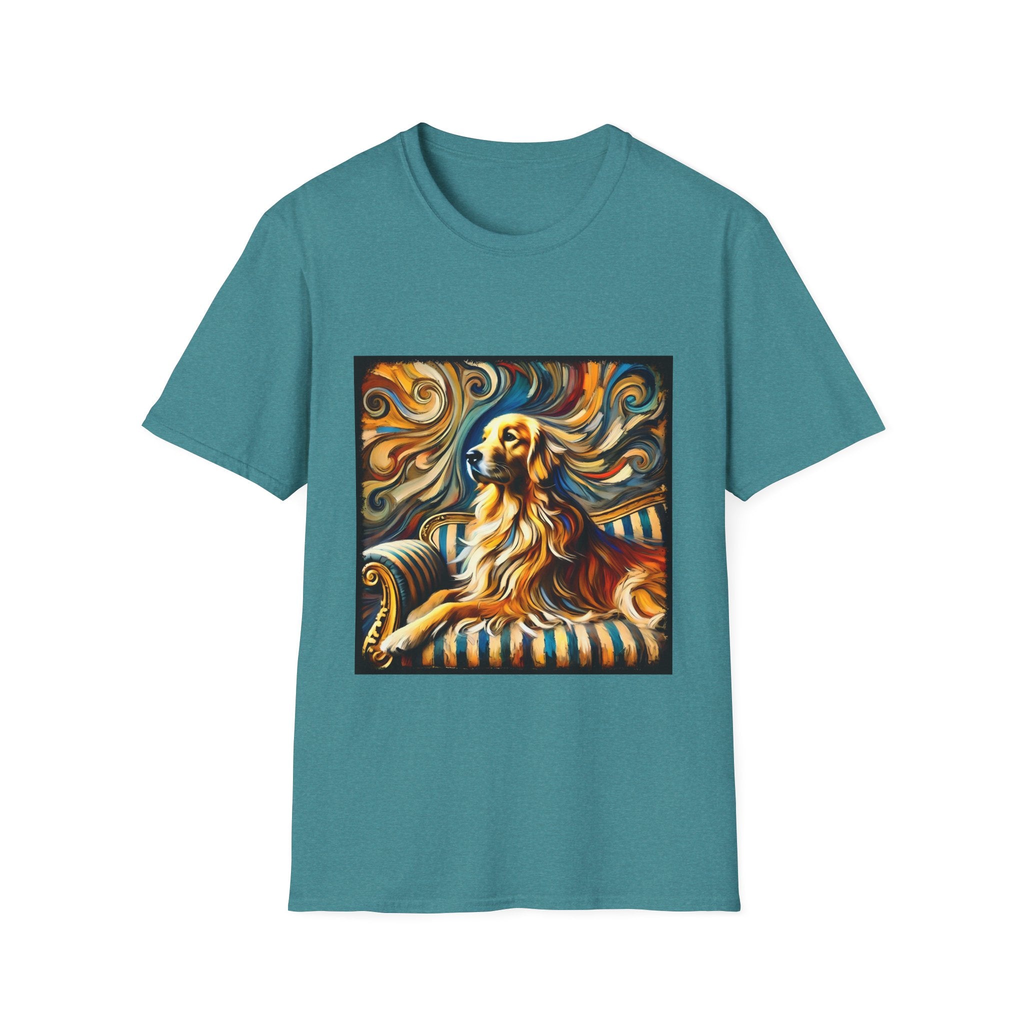 Teal dog t-shirt featuring golden retriever on striped settee with swirling abstract background in golds.