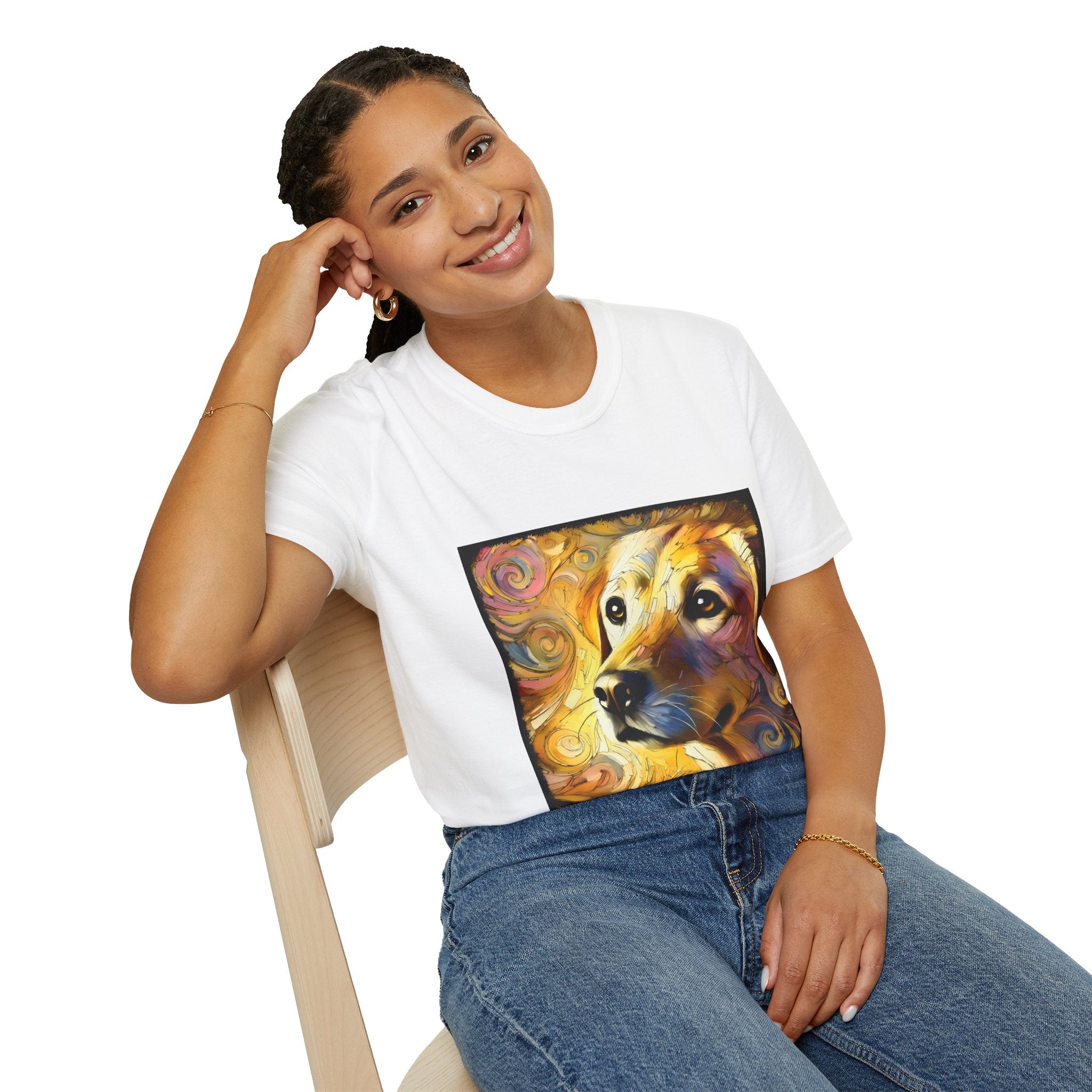 Female model wears white dog t-shirt featuring a golden retriever with swirling brushstroke-style yellow-orange background.