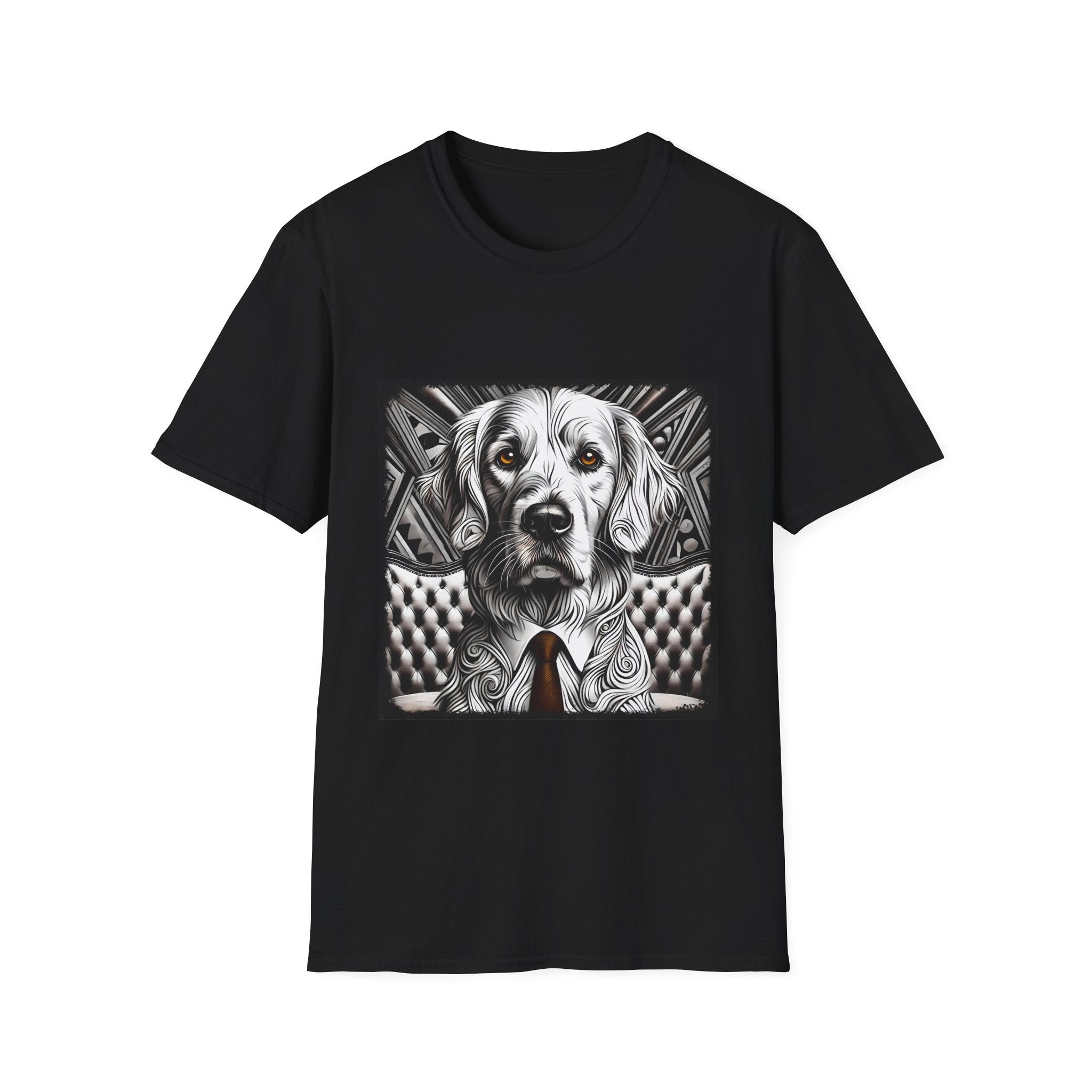 Black dog t-shirt featuring monochrome golden retriever with brown eyes and tie in front of settee.