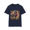 Navy dog t-shirt with black retriever in edgy outfit and pink bow on striped settee, swirl backdrop.