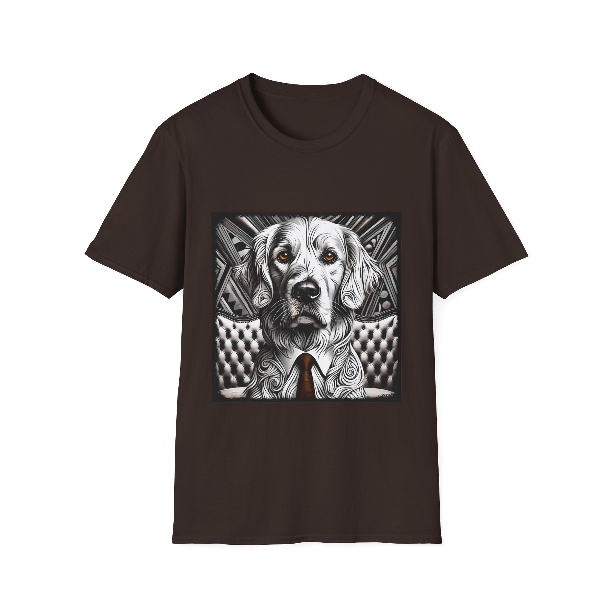 Chocolate brown dog t-shirt featuring monochrome golden retriever with brown eyes and tie in front of settee.