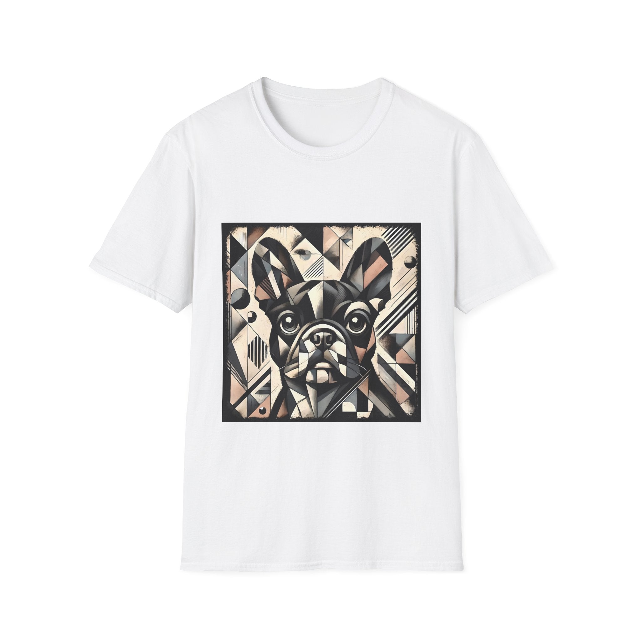 White dog t-shirt featuring geometric French Bulldog in cubist tones of black, beige, cream, and soft blush.