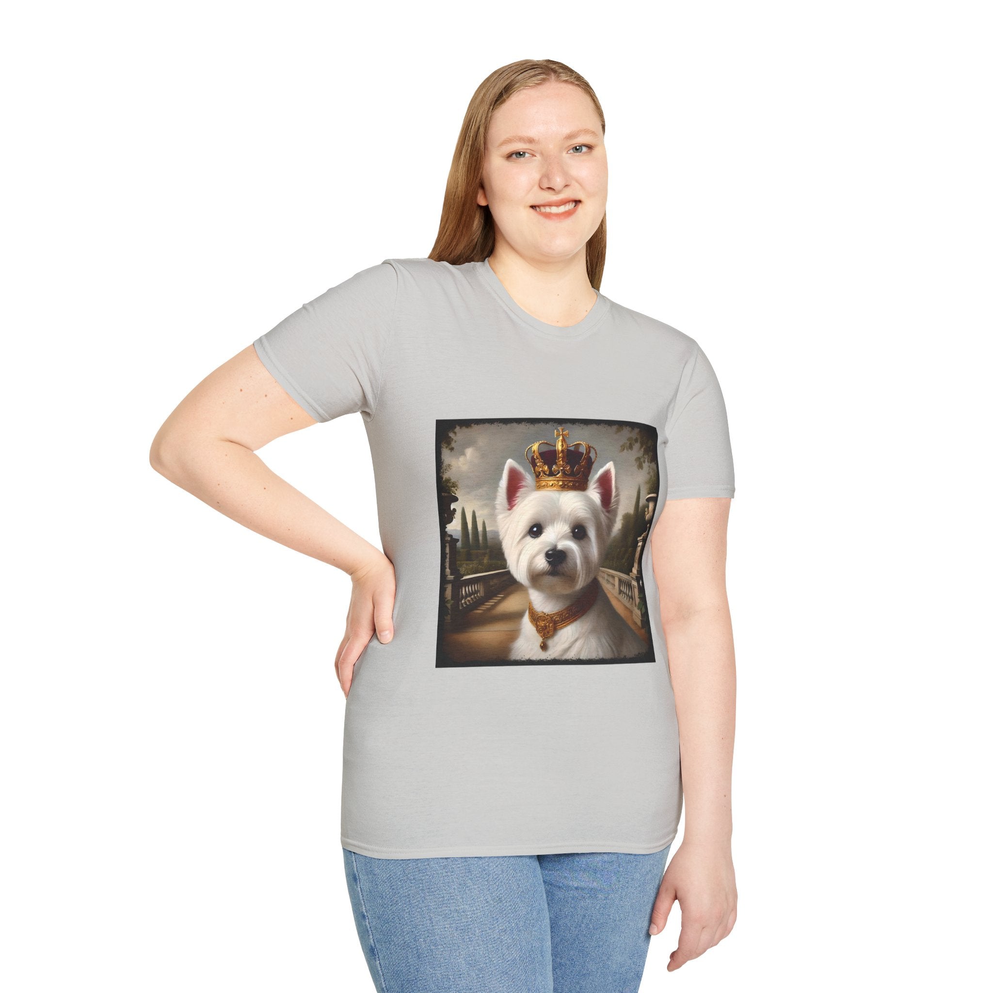 Female model in ice gray dog t-shirt featuring regal Westie in gold crown and collar on palace terrace background.