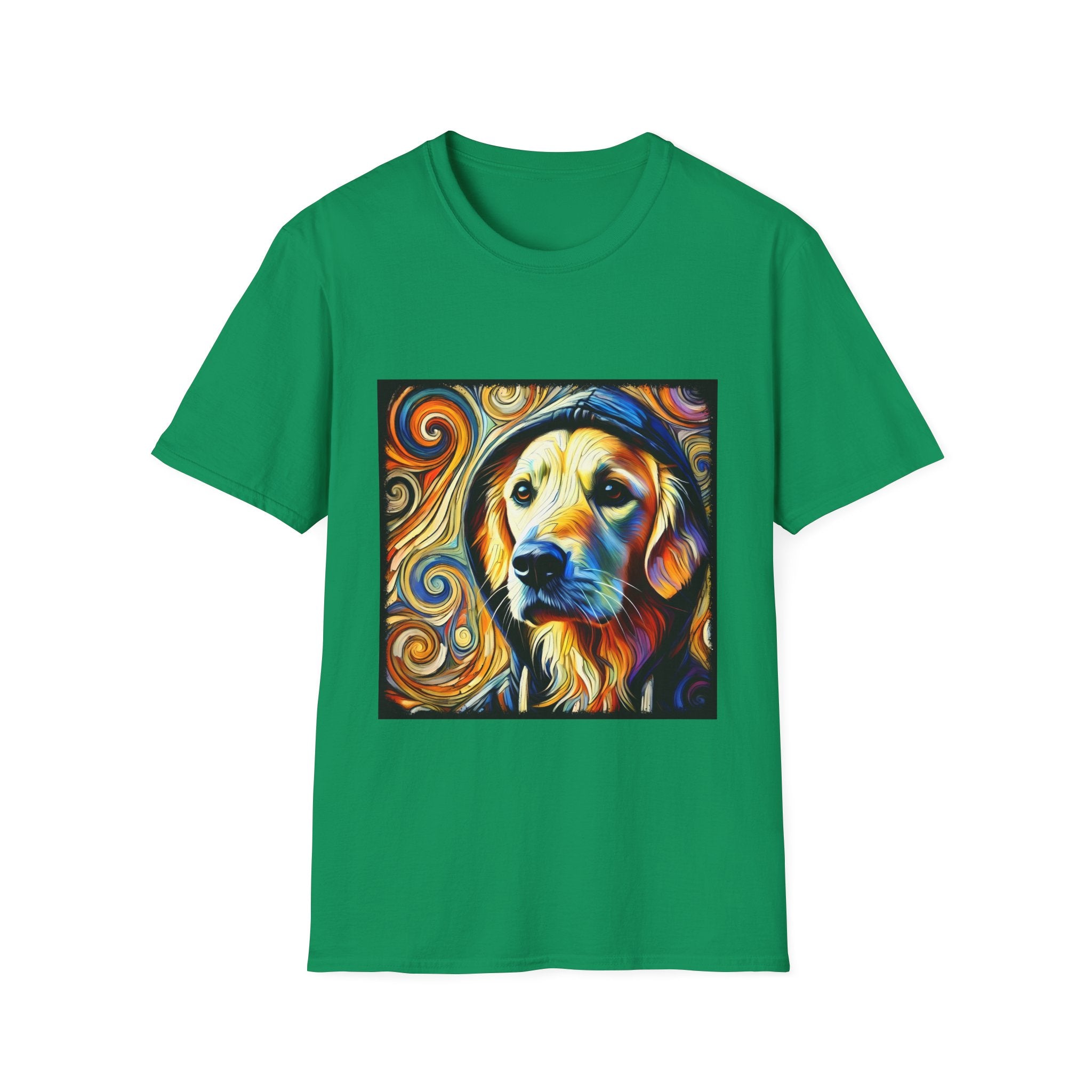 Kelly green dog t-shirt with golden retriever in hoodie, swirled background in orange, yellow, and teal tones.