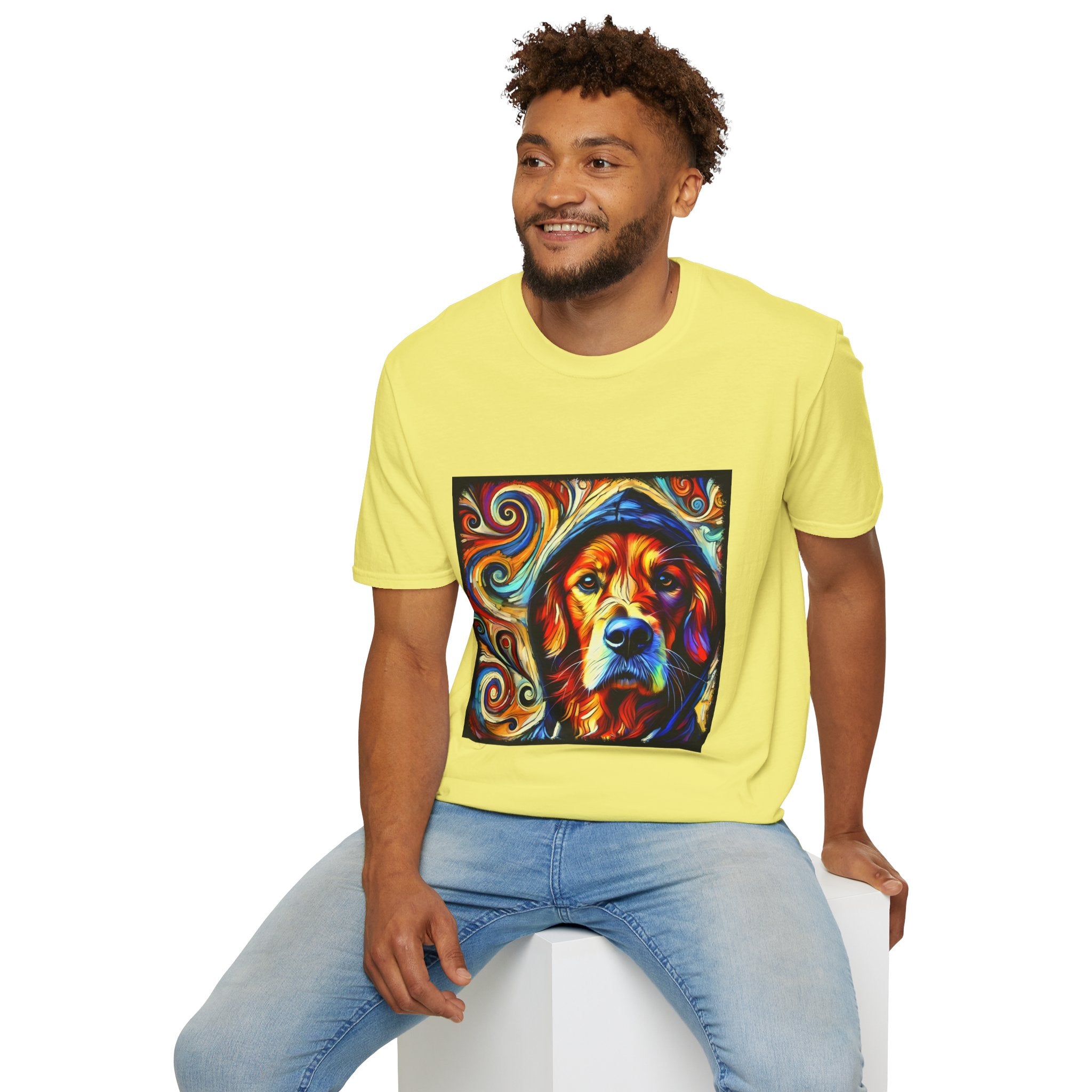 Male model in cornsilk yellow dog t-shirt with golden retriever in blue hoodie, bold swirls in red, orange, and teal behind.