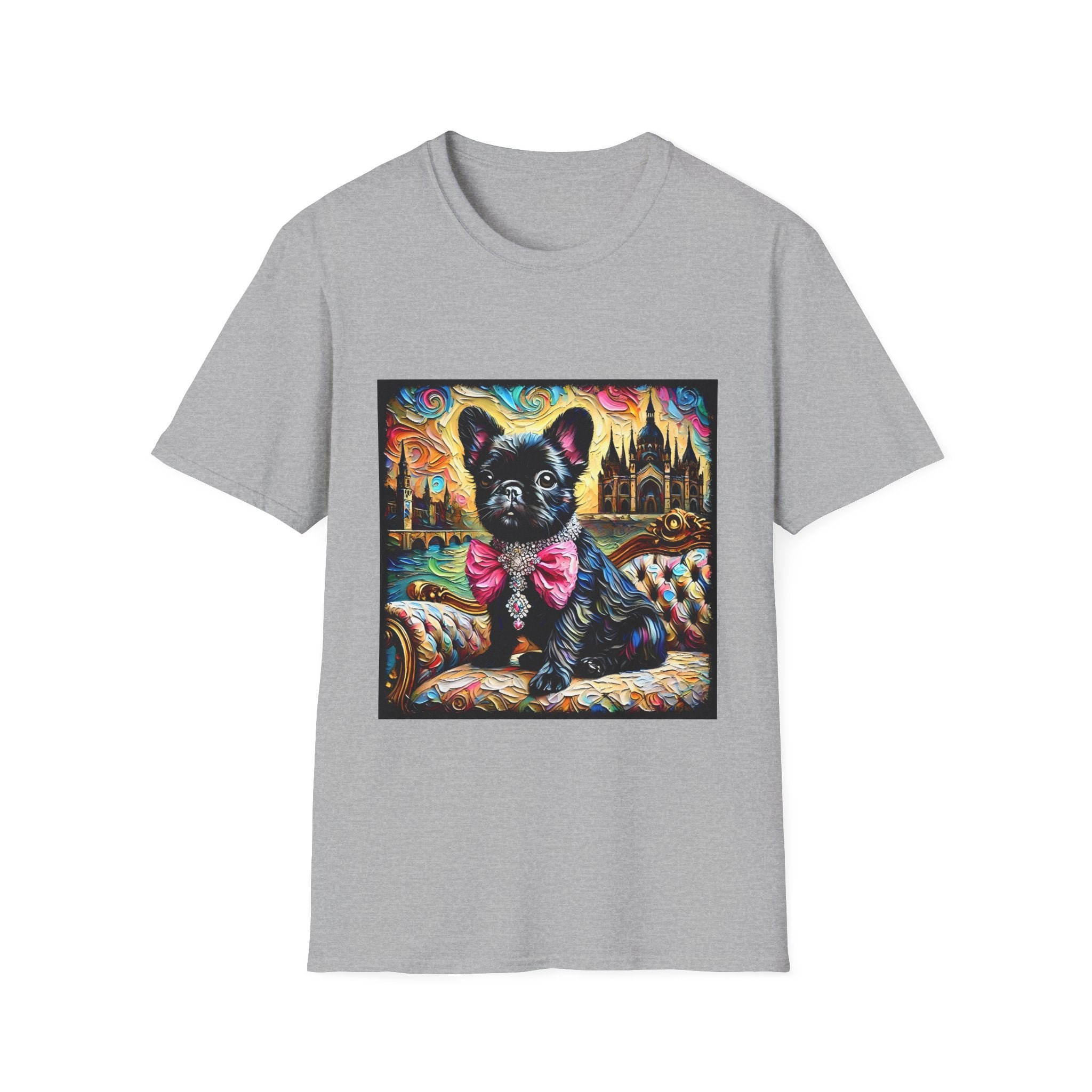 Gray dog t-shirt featuring black French Bulldog with jeweled pink bow, sitting on patterned settee, vivid castle swirl background.