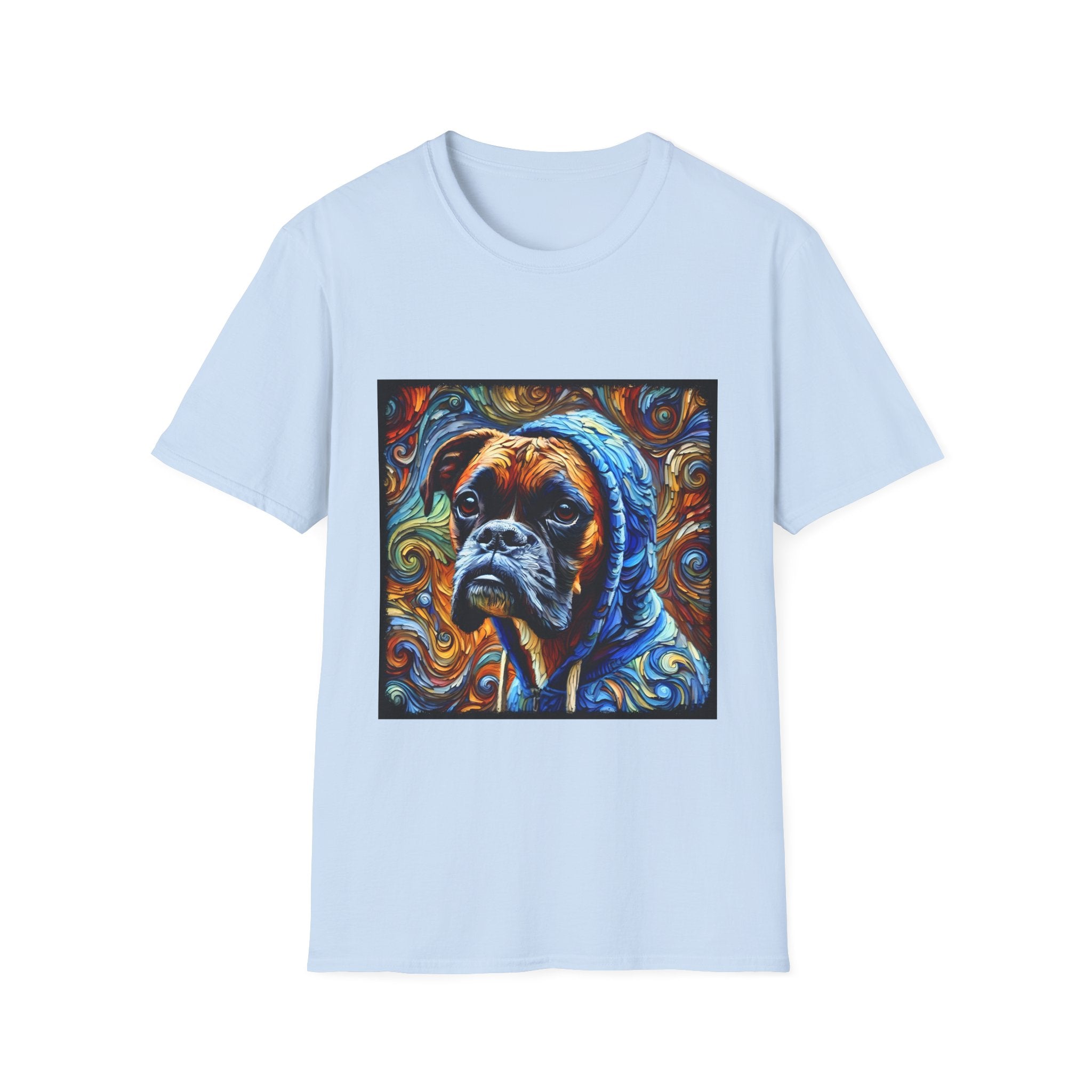 Light blue dog t-shirt featuring a boxer in a blue hoodie with swirled orange, gold, and teal background design.