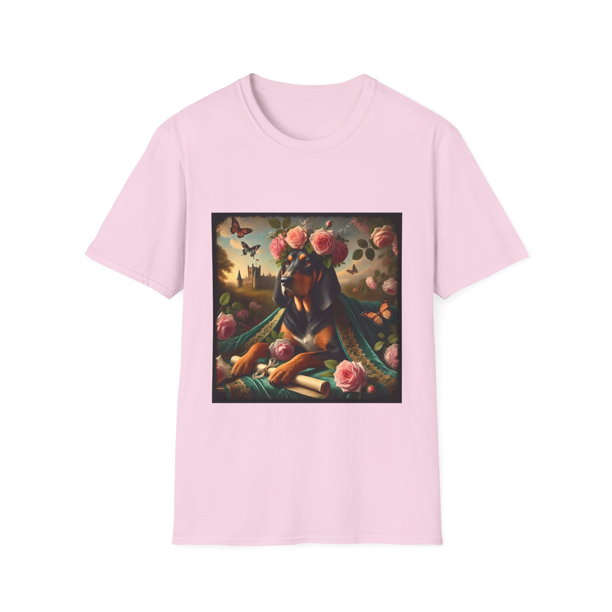 Light pink dog t-shirt featuring coonhound in rose garden wearing green embroidered cape and crown of pink flowers.