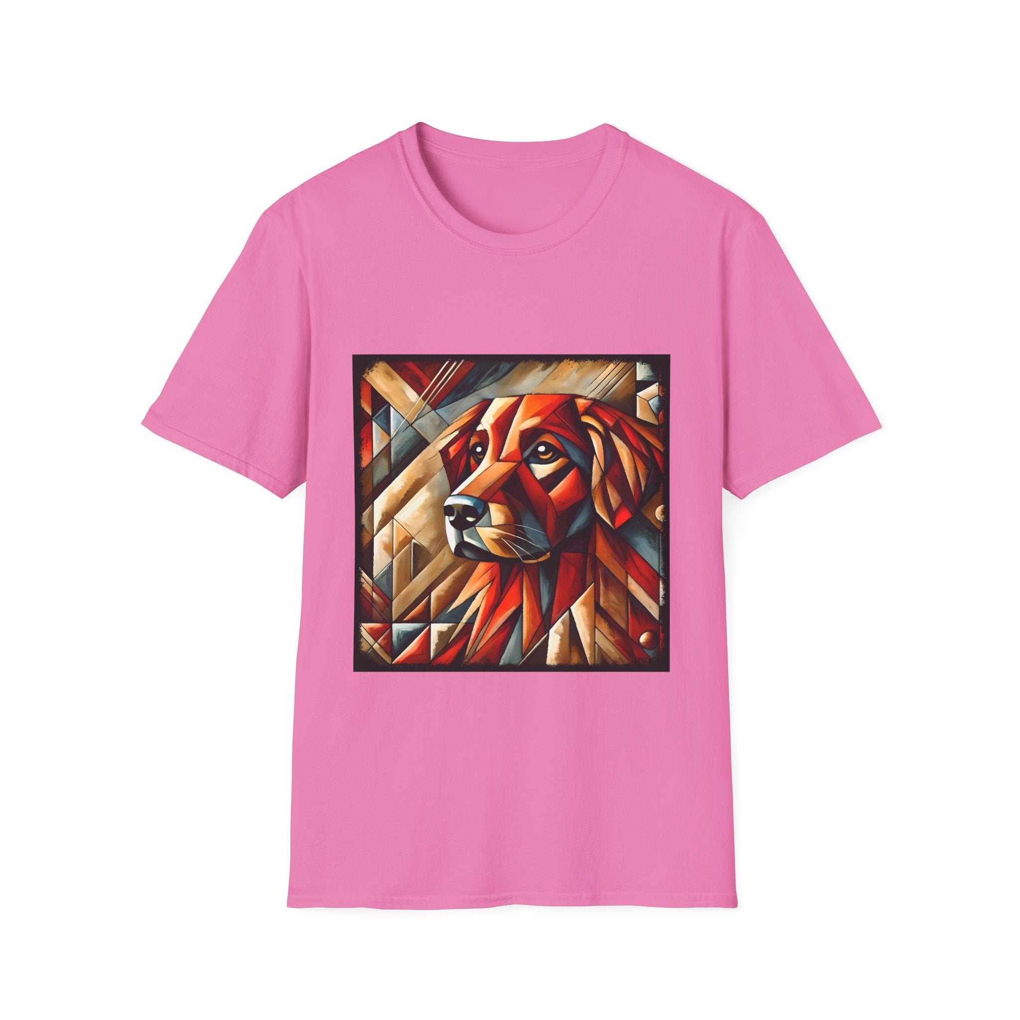 Pink dog t-shirt featuring red geometric golden retriever portrait in cubist style with bold angles.