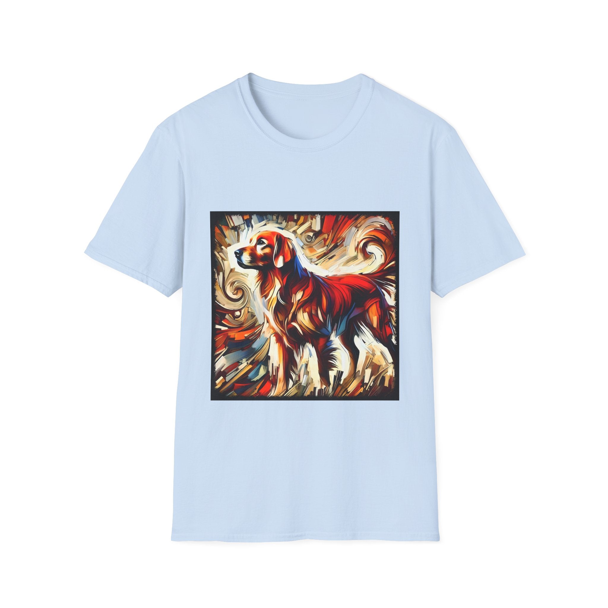 Light blue dog t-shirt with golden retriever in red coat, abstract swirl background in bold warm tones.