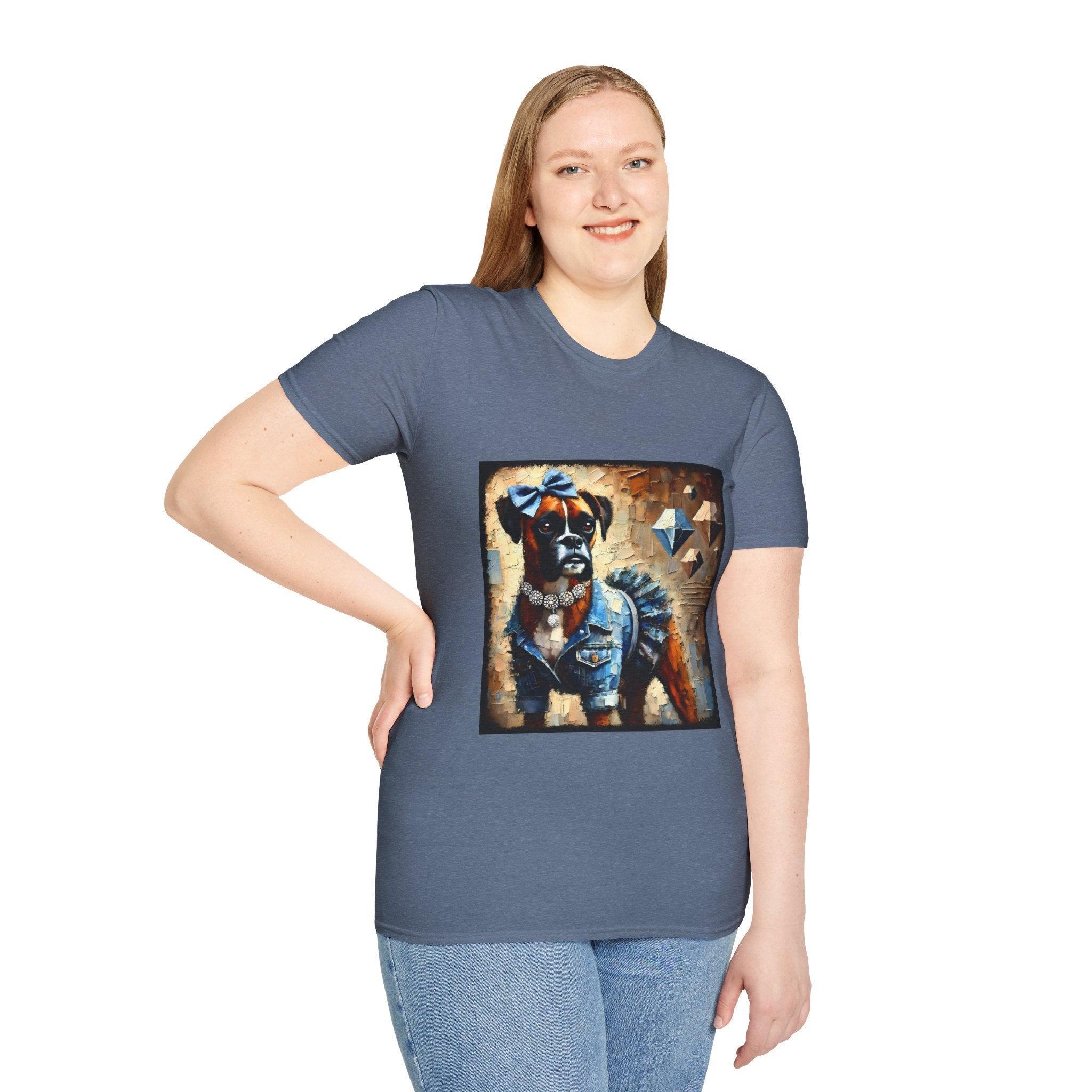 Female model in heather indigo dog t-shirt with boxer in denim ruffle dress, blue bow, diamond collar, and abstract gem background.