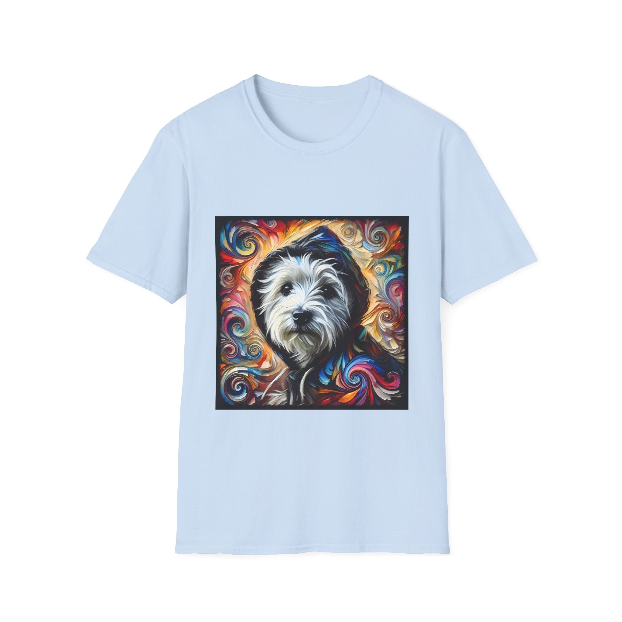 Light blue dog t-shirt featuring Westie in black hoodie with swirling red blue orange and gold background.