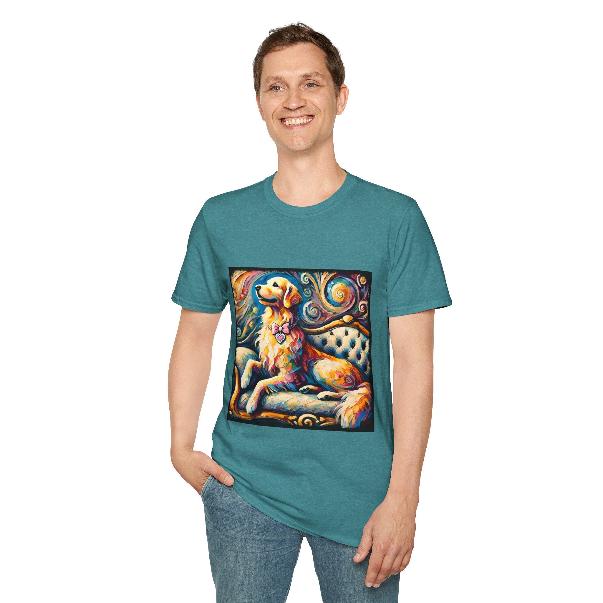 Male standing in teal dog t-shirt featuring golden retriever with pink heart collar on colorful tufted settee.