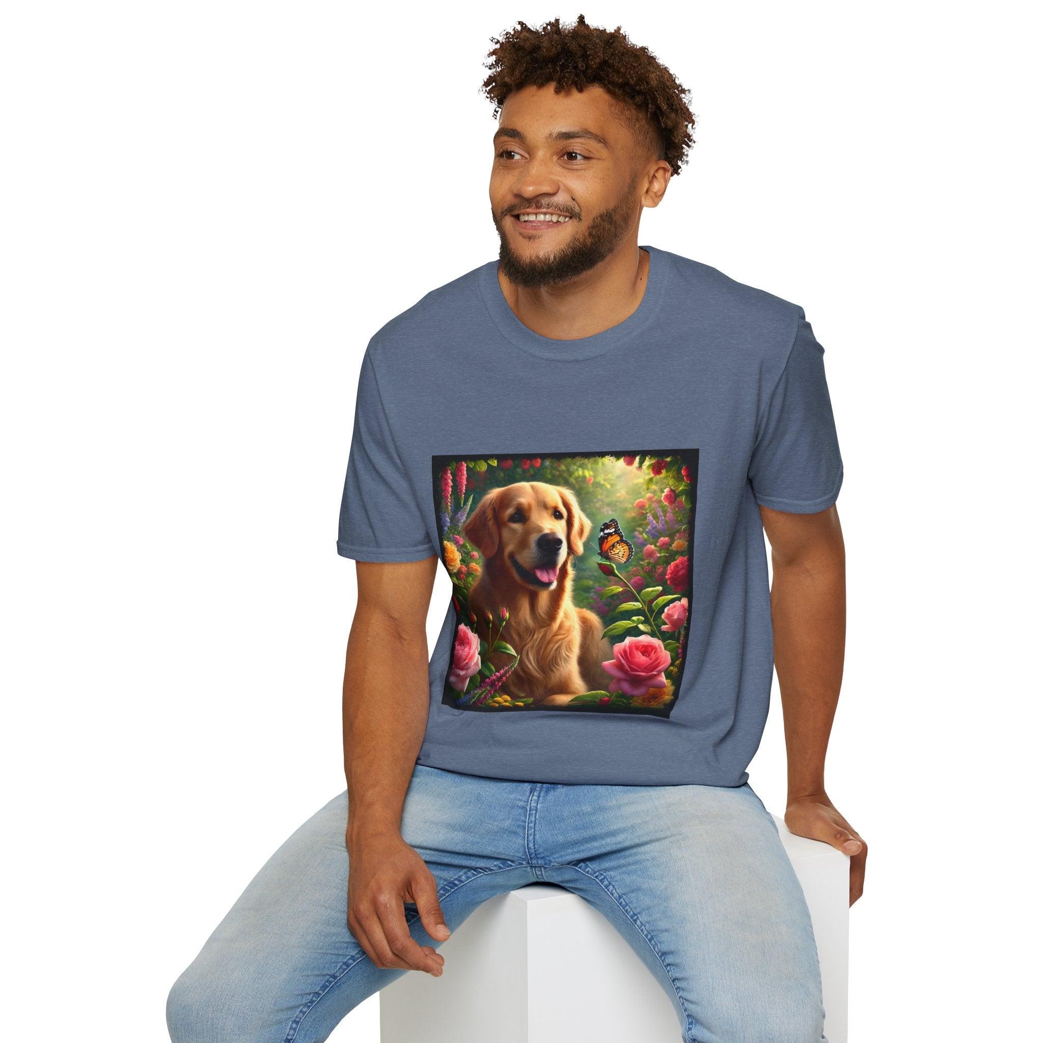 Male model wears heather indigo dog t-shirt featuring a golden retriever in a vibrant garden with roses, wildflowers, and a butterfly.